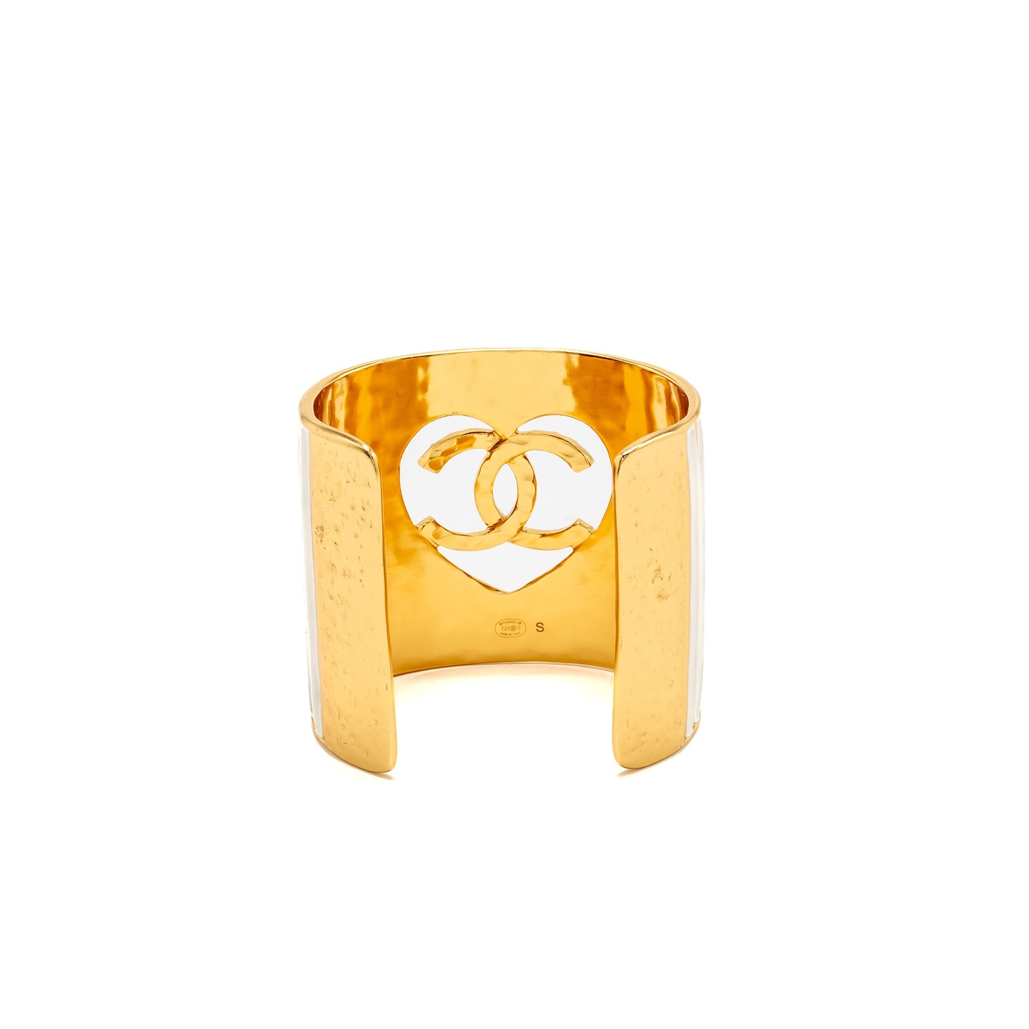 CHANEL CRYSTAL CC HEART CUFF BRACELET GOLD TONE