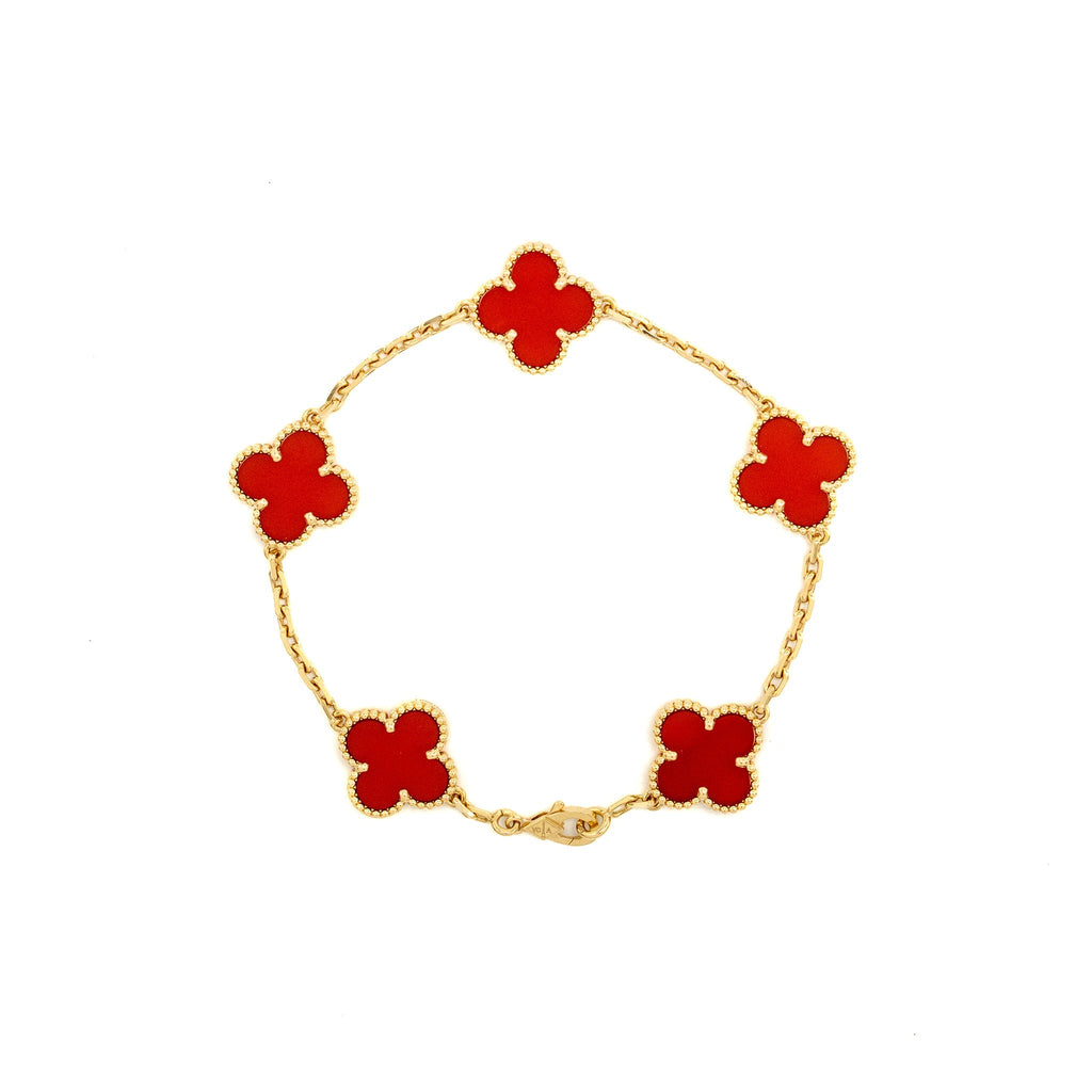 VAN CLEEF & ARPELS VINTAGE ALHAMBRA BRACLET, 5 MOTIFS YELLOW GOLD/CARNELIAN