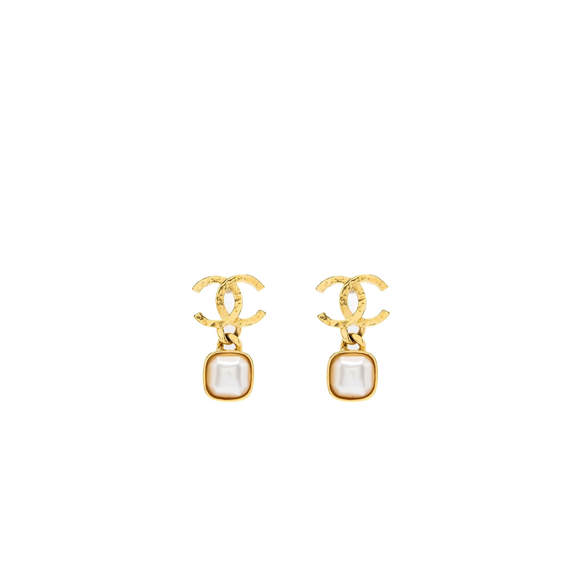 CHANEL CC LOGO SQUARE PEARL DROP EARRINGS GOLD TONE