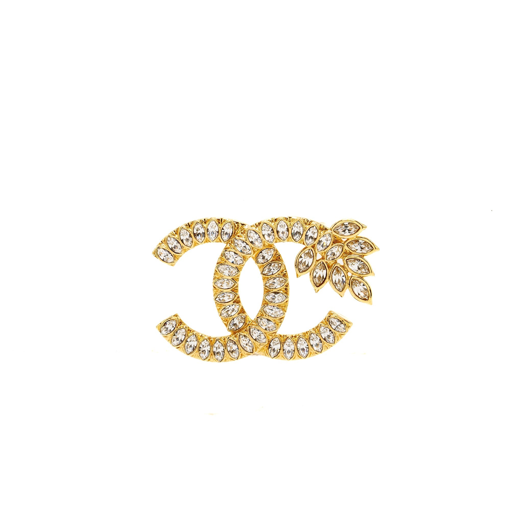 CHANEL EAR OF WHEAT CC LOGO BROOCH CRYSTAL GOLD TONE