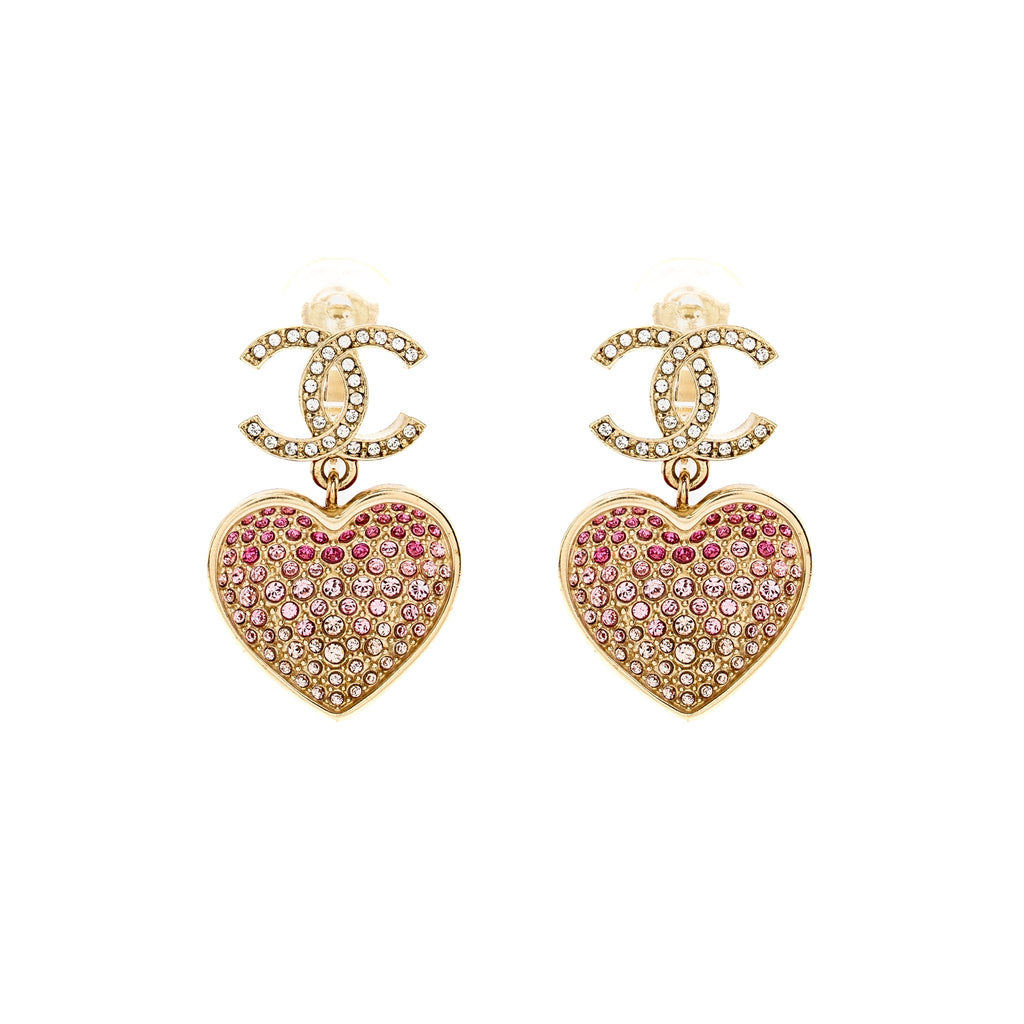 CHANEL DOUBLE FACE PINK CRYSTAL HEART DROPPED CC LOGO EAR CLIPS LIGHT GOLD TONE