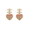CHANEL DOUBLE FACE PINK CRYSTAL HEART DROPPED CC LOGO EAR CLIPS LIGHT GOLD TONE