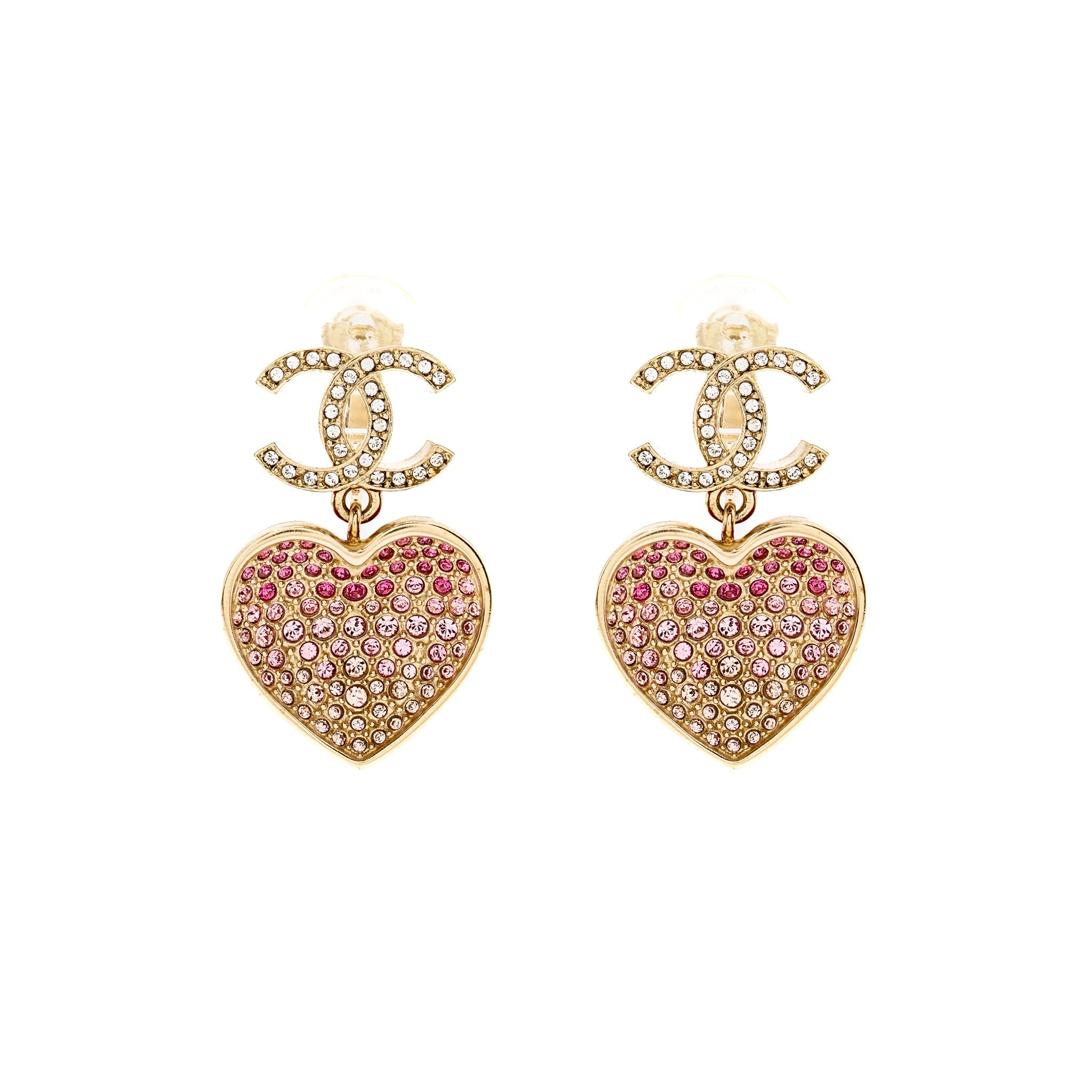 CHANEL DOUBLE FACE PINK CRYSTAL HEART DROPPED CC LOGO EAR CLIPS LIGHT GOLD TONE