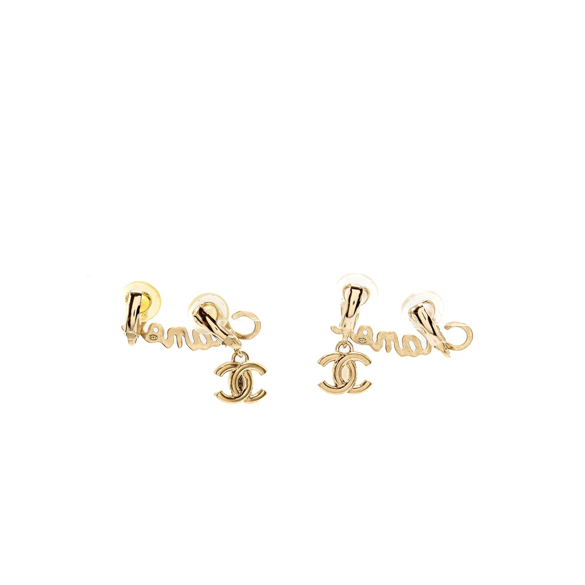 CHANEL LETTER AND CC DROP EAR CLIP LIGHT GOLD TONE