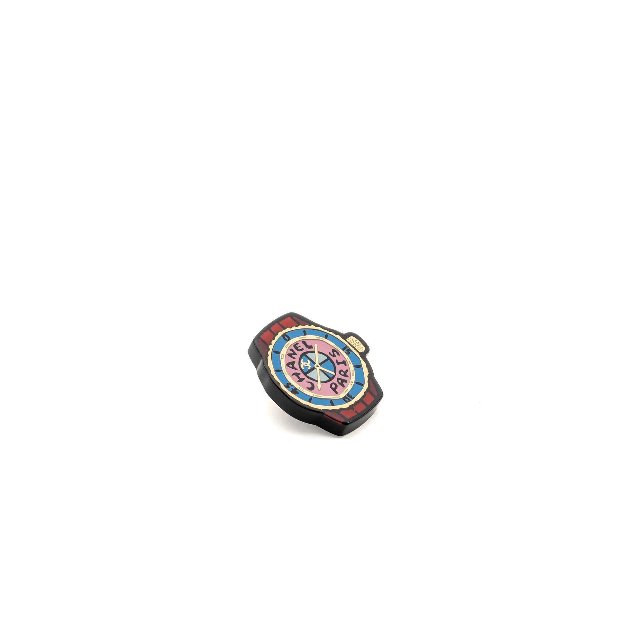 CHANEL WATCH BROOCH ARCYLIC MULTICOLOUR GOLD TONE
