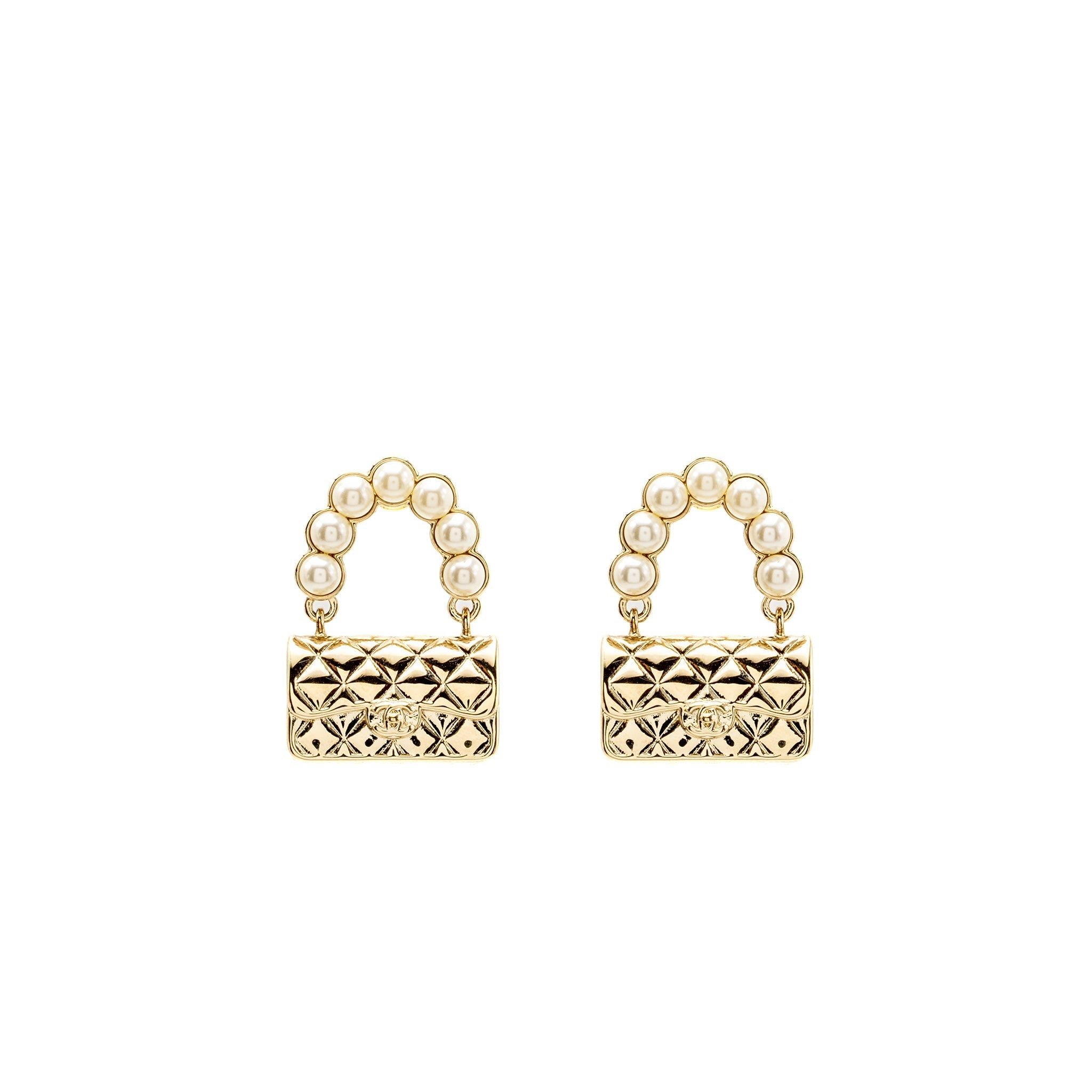 CHANEL FLAP BAG DROPPED EARRINGS WITH PEARL LIGHT GOLD TONE