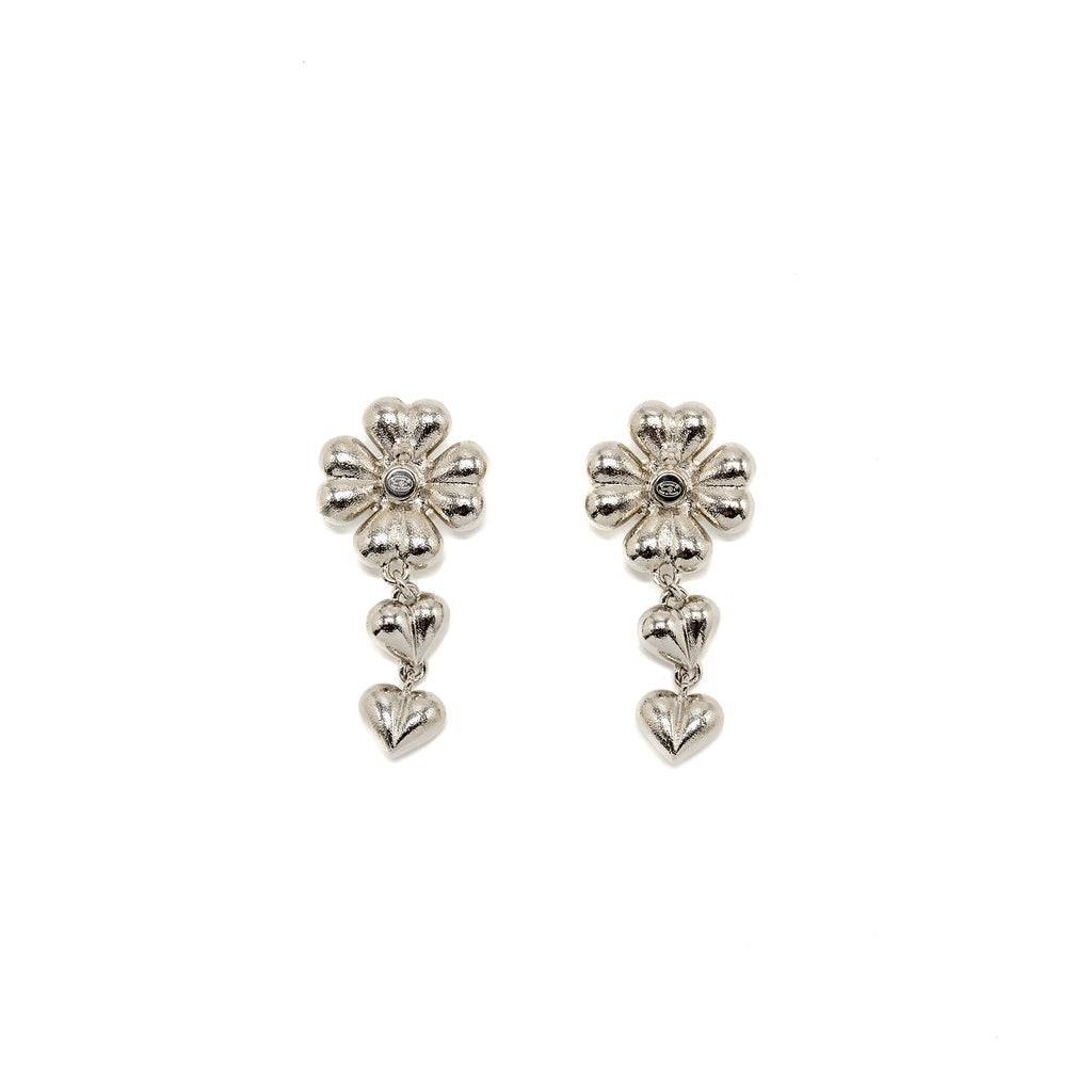 CHANEL CC CLOVER HEART DROP EARRINGS CRYSTAL SILVER TONE