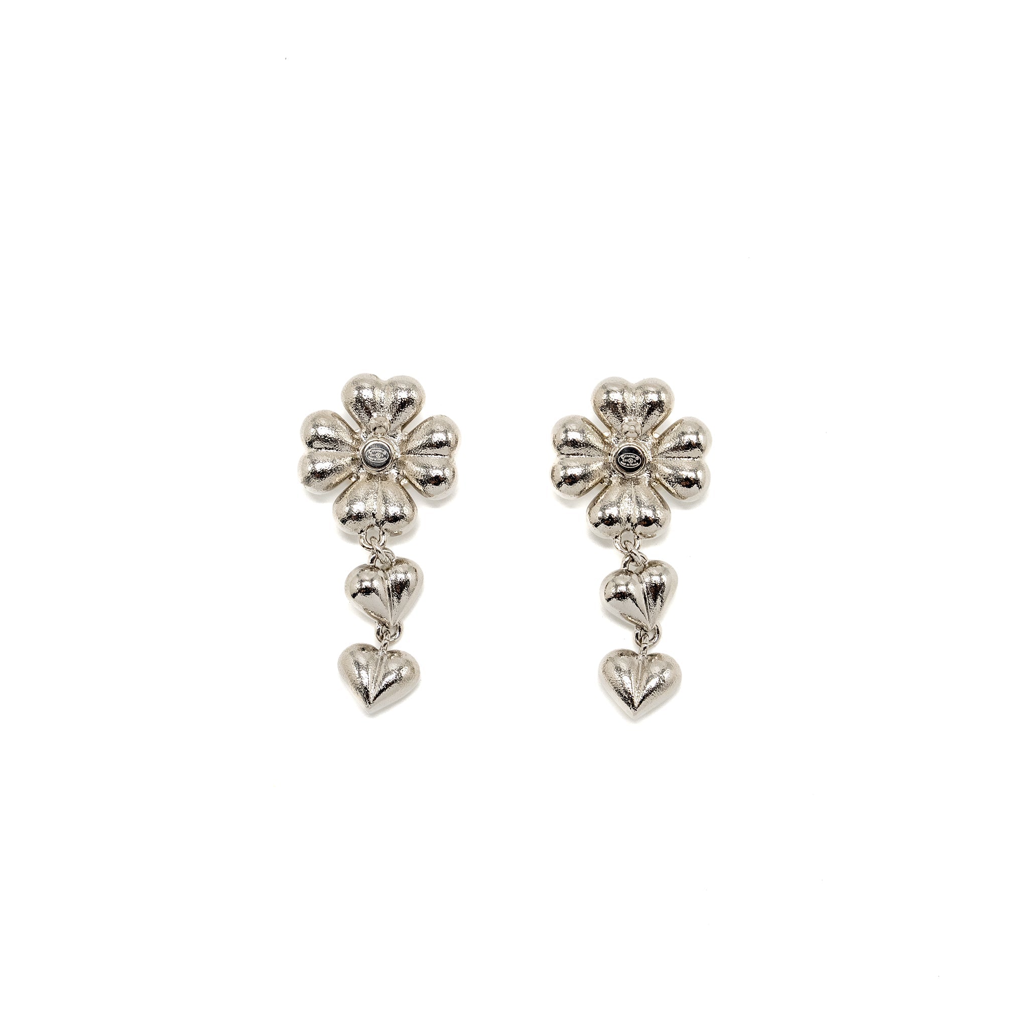 CHANEL CC CLOVER HEART DROP EARRINGS CRYSTAL SILVER TONE