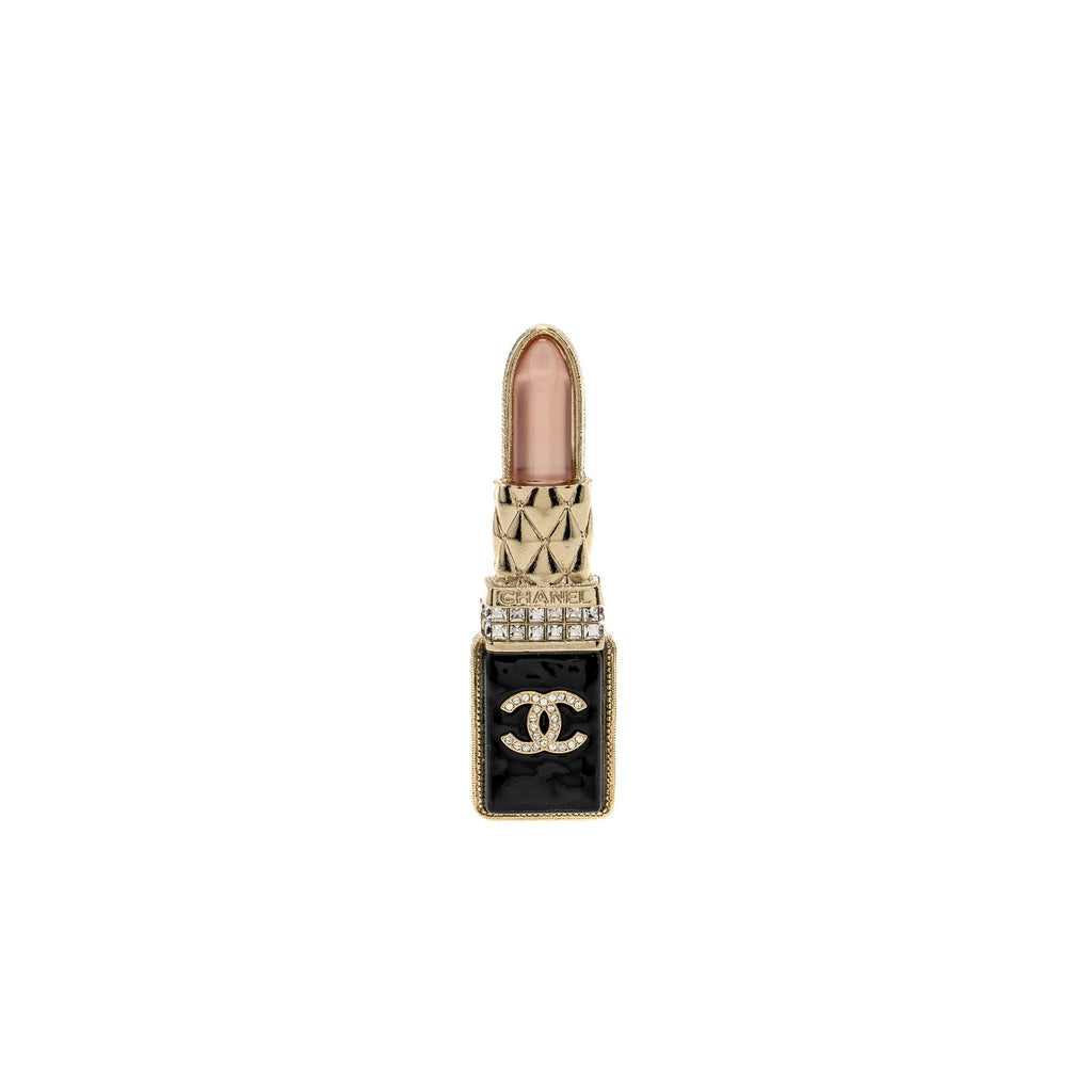 CHANEL 22P LIPSTICK BROOCH CRYSTAL LIGHT GOLD TONE