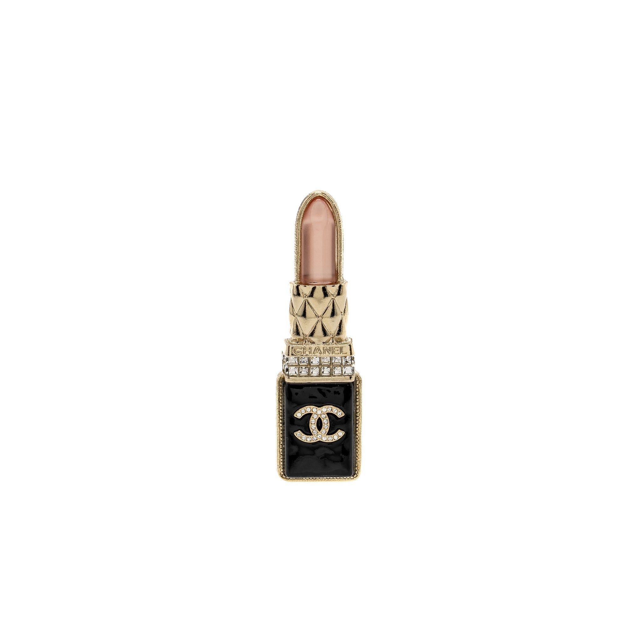 CHANEL 22P LIPSTICK BROOCH CRYSTAL LIGHT GOLD TONE