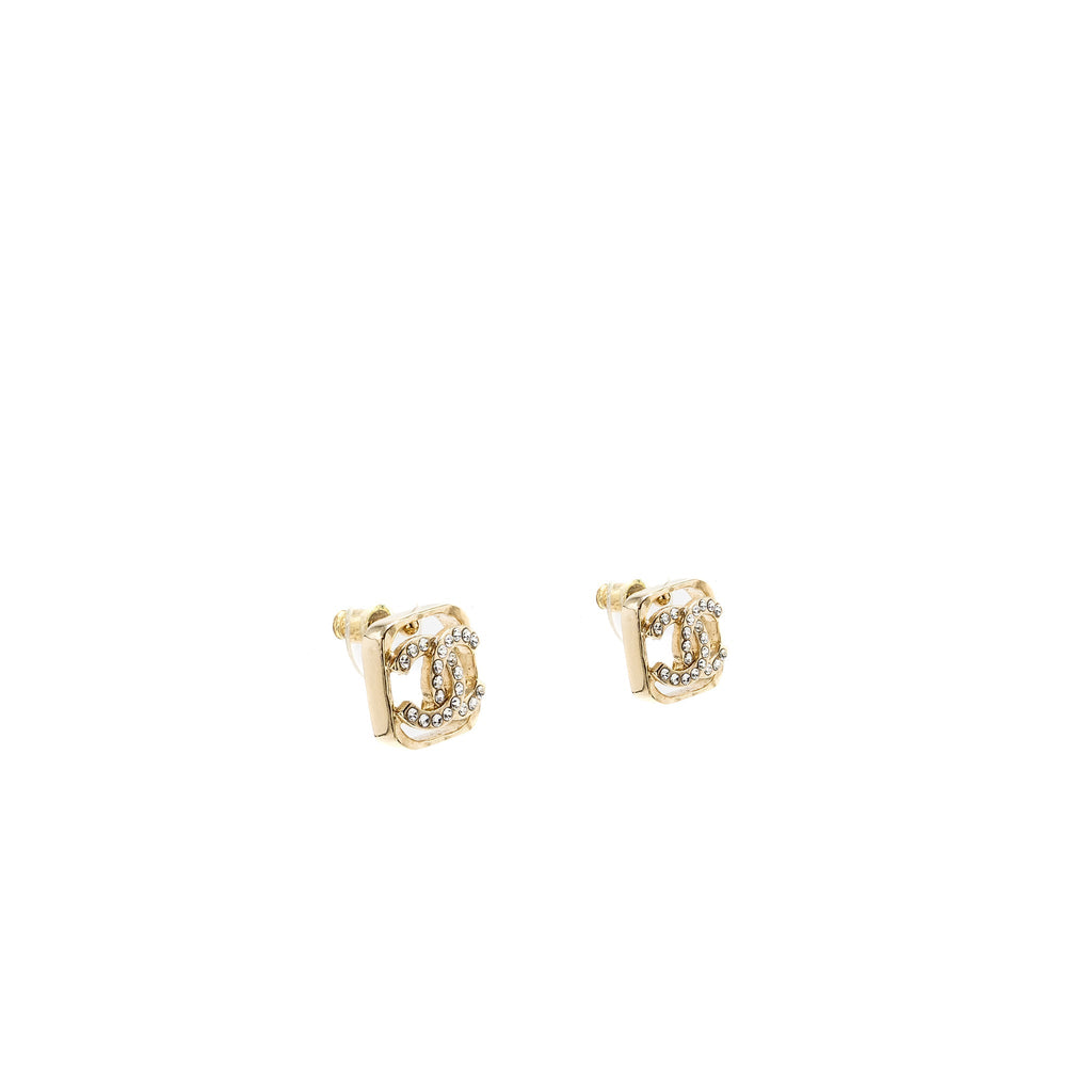 CHANEL SQUARE CC LOGO EARRINGS CRYSTAL LIGHT GOLD TONE