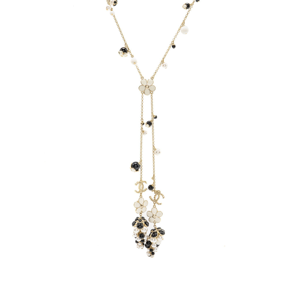 CHANEL CC CAMELLIA GRAPE LONG NECKLACE PEARL/CRYSTAL/BLACK BEADS LIGHT GOLD TONE