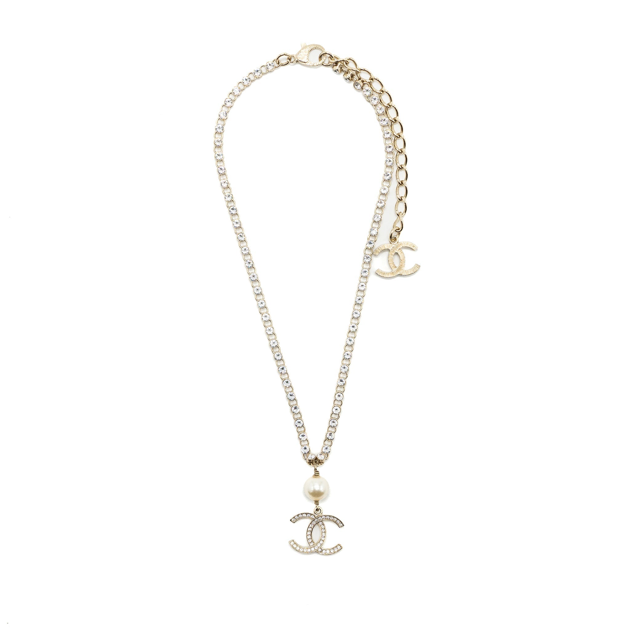 CHANEL CC LOGO DROP CHOCKER CRYSTAL/PEARL LIGHT GOLD TONE