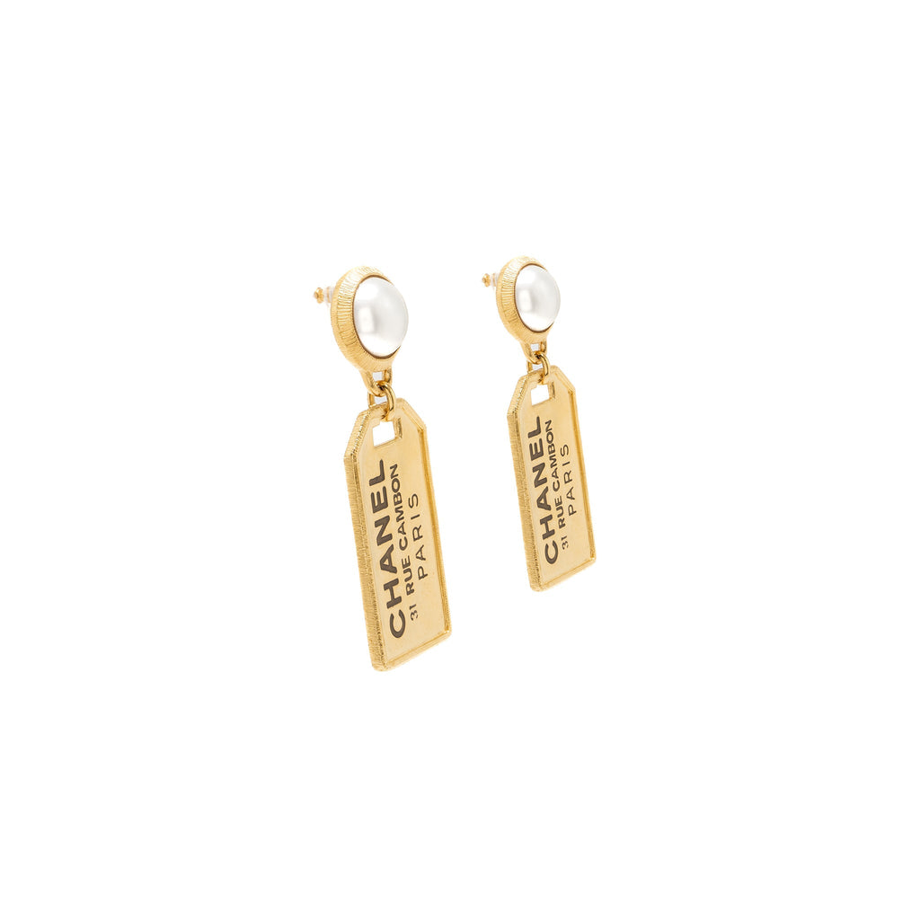 CHANEL PEARL EARRINGS WITH SIGNATURE TAG DROP GOLD TONE