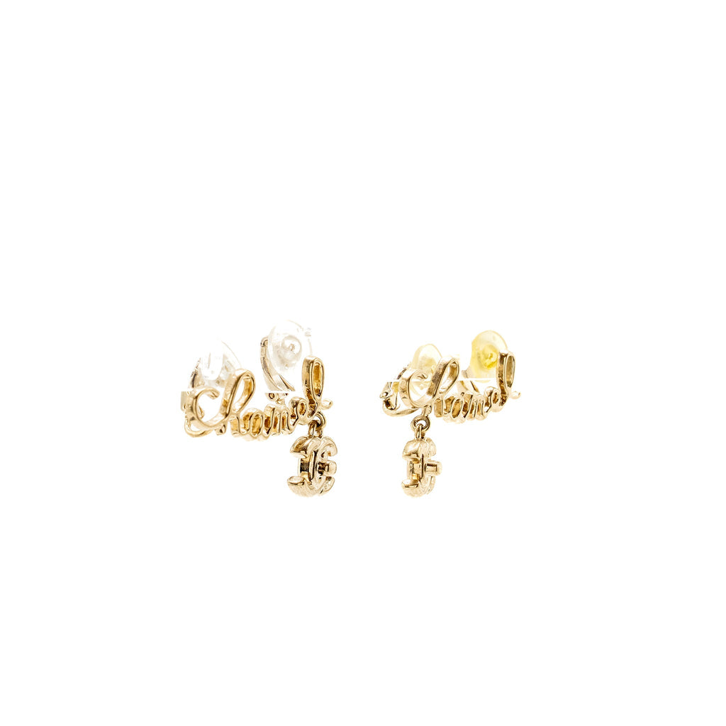 CHANEL LETTER AND CC DROP EAR CLIP LIGHT GOLD TONE