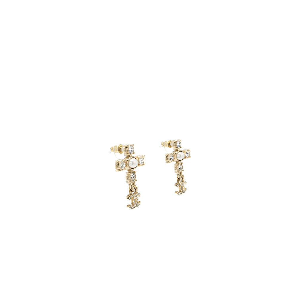 CHANEL CROSS EARRINGS WITH CC LOGO DROPPED, CRYSTAL/ PEARL GOLD TONE