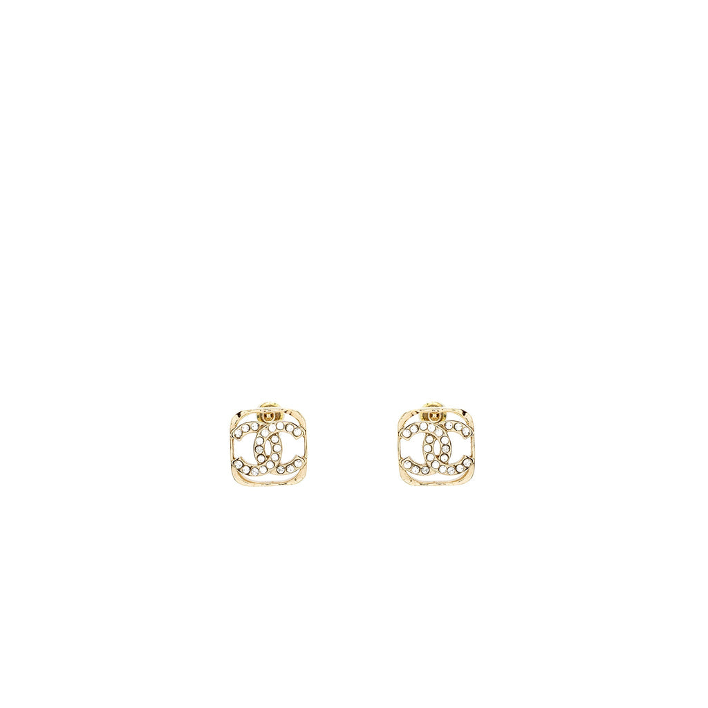 CHANEL SQUARE CC LOGO EARRINGS CRYSTAL LIGHT GOLD TONE