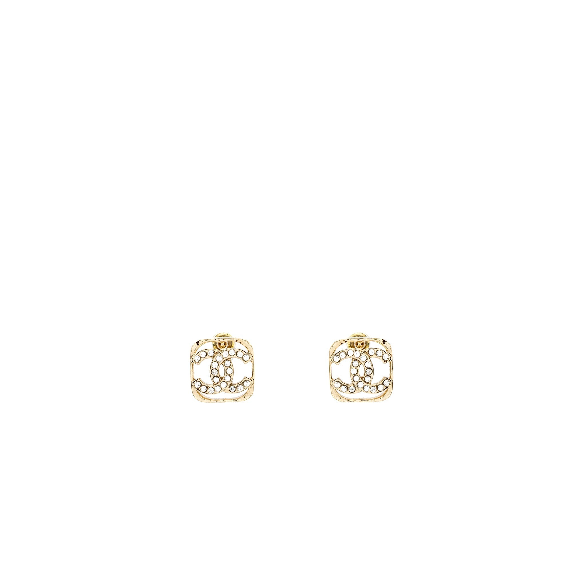 CHANEL SQUARE CC LOGO EARRINGS CRYSTAL LIGHT GOLD TONE