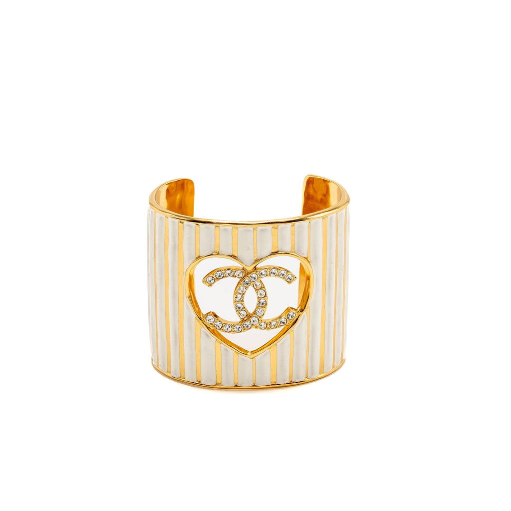 CHANEL CRYSTAL CC HEART CUFF BRACELET GOLD TONE