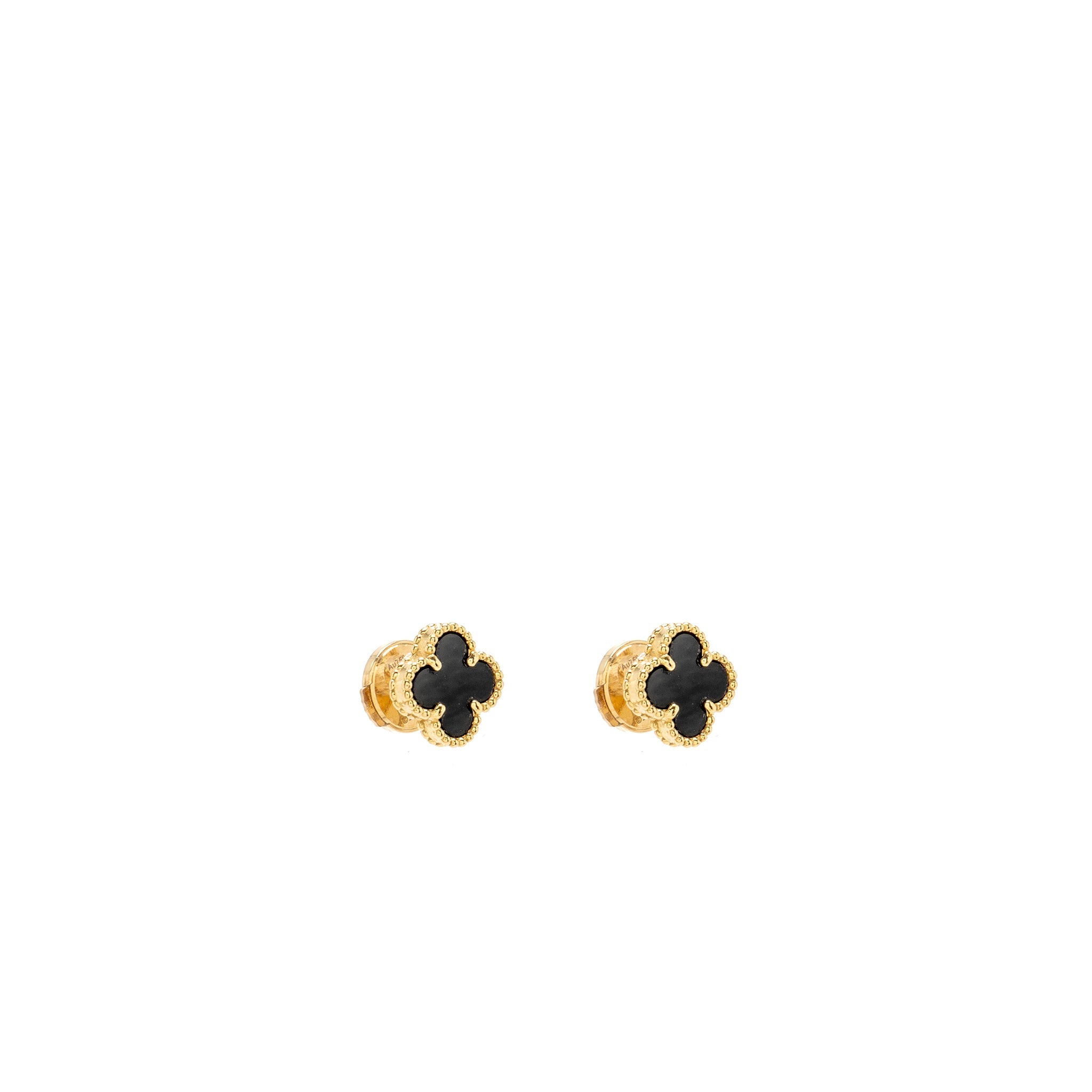 VAN CLEEF & ARPELS SWEET ALHAMBRA EARSTUDS EARRINGS, ONYX YELLOW GOLD
