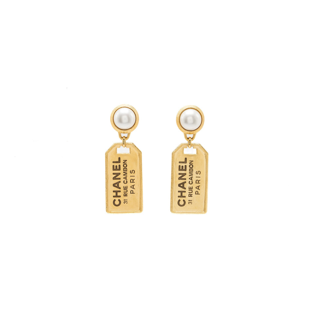 CHANEL PEARL EARRINGS WITH SIGNATURE TAG DROP GOLD TONE