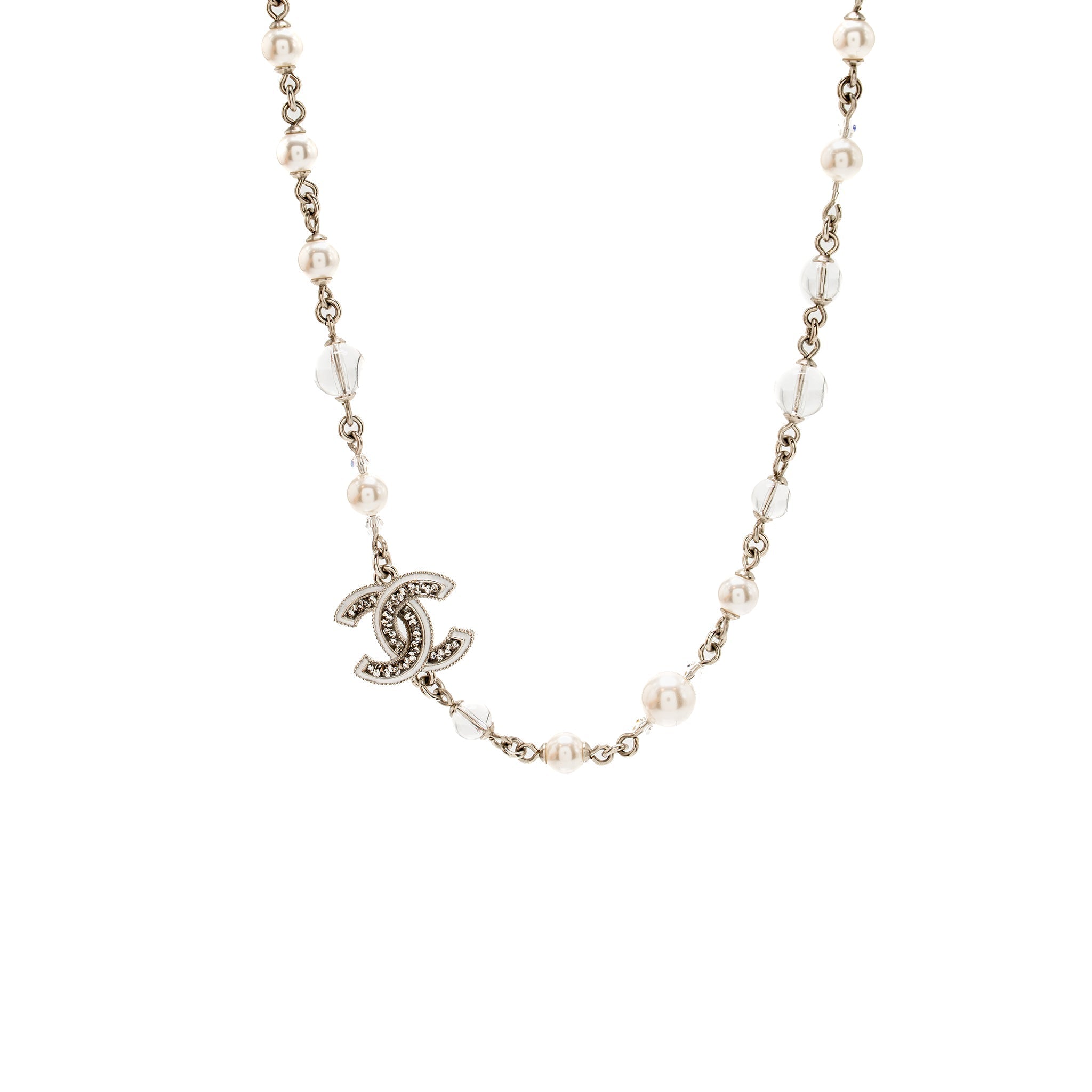 CHANEL CC LOGO NECKLACE METAL, PEARL, CRYSTAL SILVER TONE