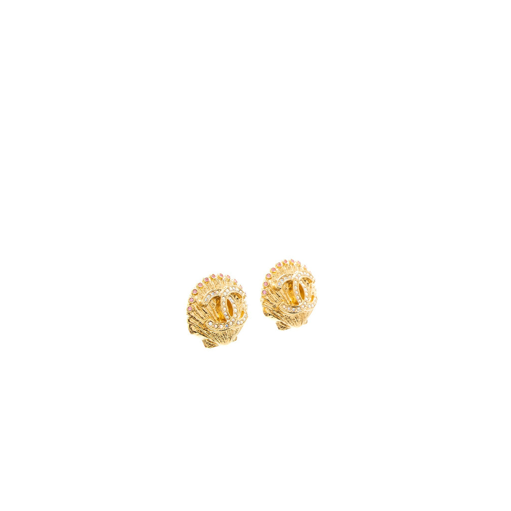 CHANEL SHELL CC LOGO EARRINGS CRYSTAL GOLD TONE
