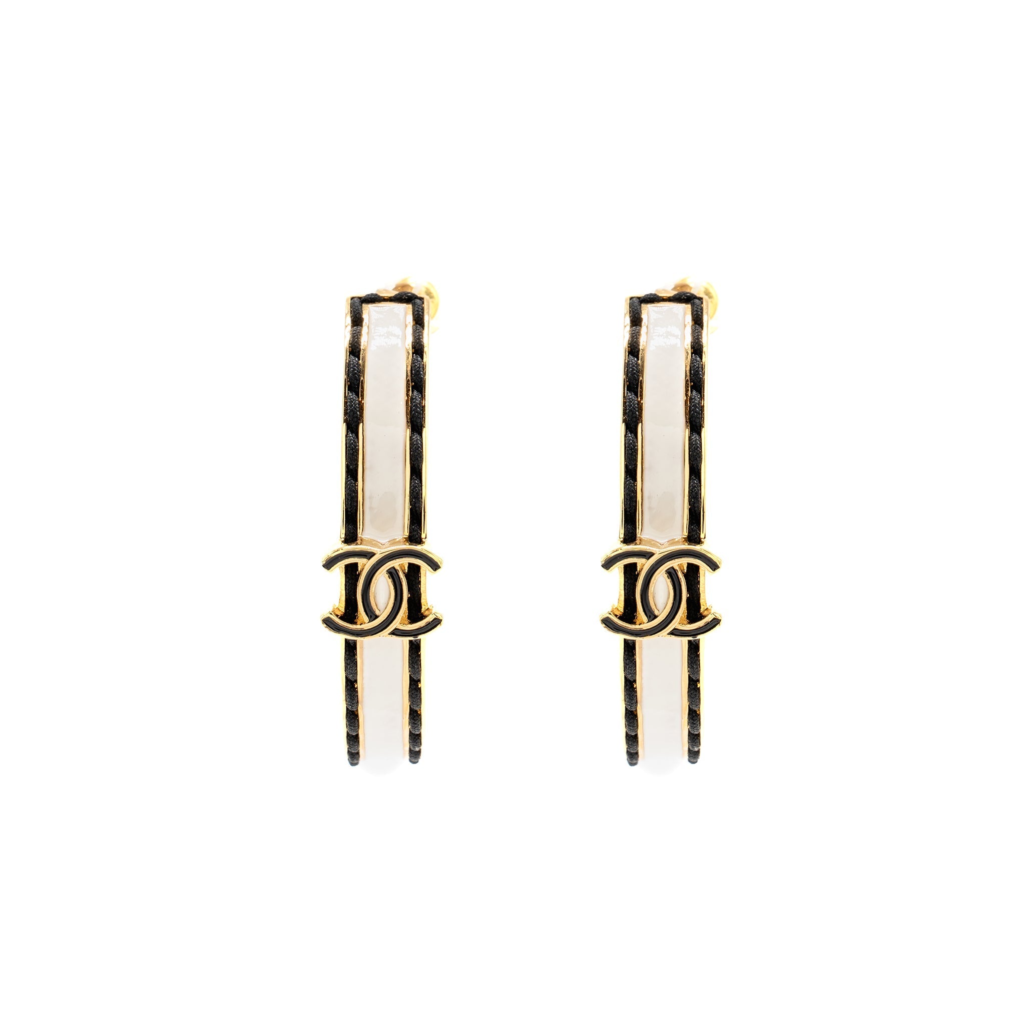 CHANEL ENAMEL MINI CC LOGO HOOP EARRINGS LIGHT GOLD TONE