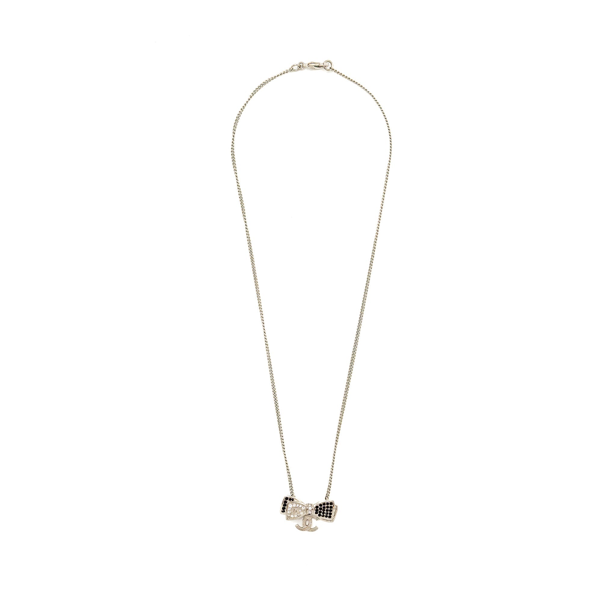 CHANEL BOW/CC LOGO DROP NECKLACE WITH CRYSTAL SILVER TONE