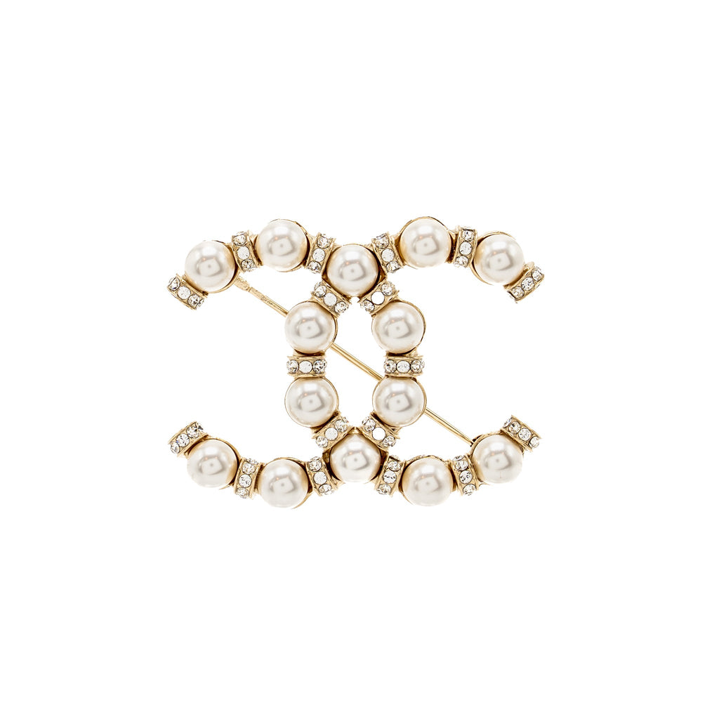 CHANEL CC BROOCH PEARL/CRYSTAL LIGHT GOLD TONE