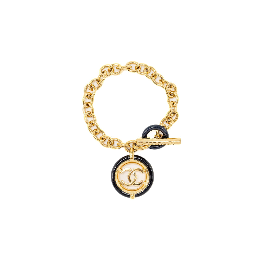 CHANEL ROUND CC LOGO DROPPED BRACELET BLACK/GOLD TONE