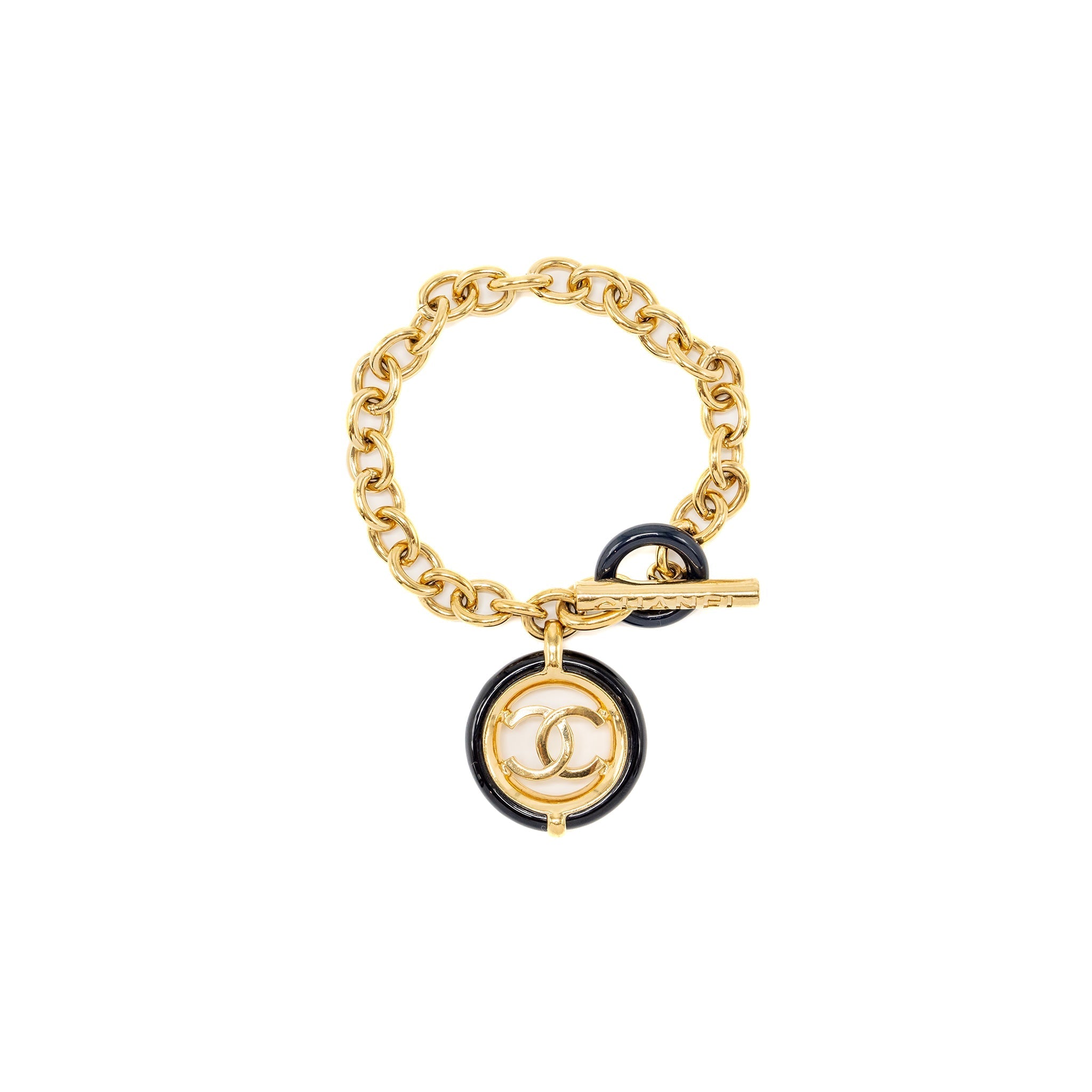CHANEL ROUND CC LOGO DROPPED BRACELET BLACK/GOLD TONE