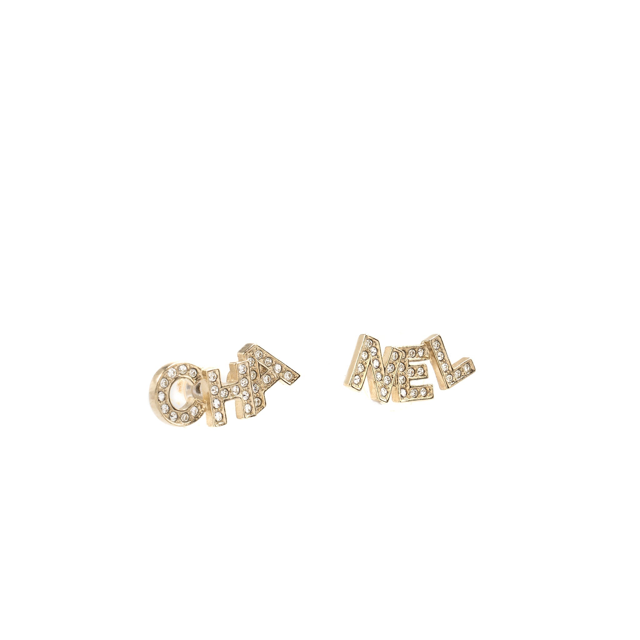 CHANEL CHA-NEL LETTER LOGO EARRINGS CRYSTALS LIGHT GOLD TONE