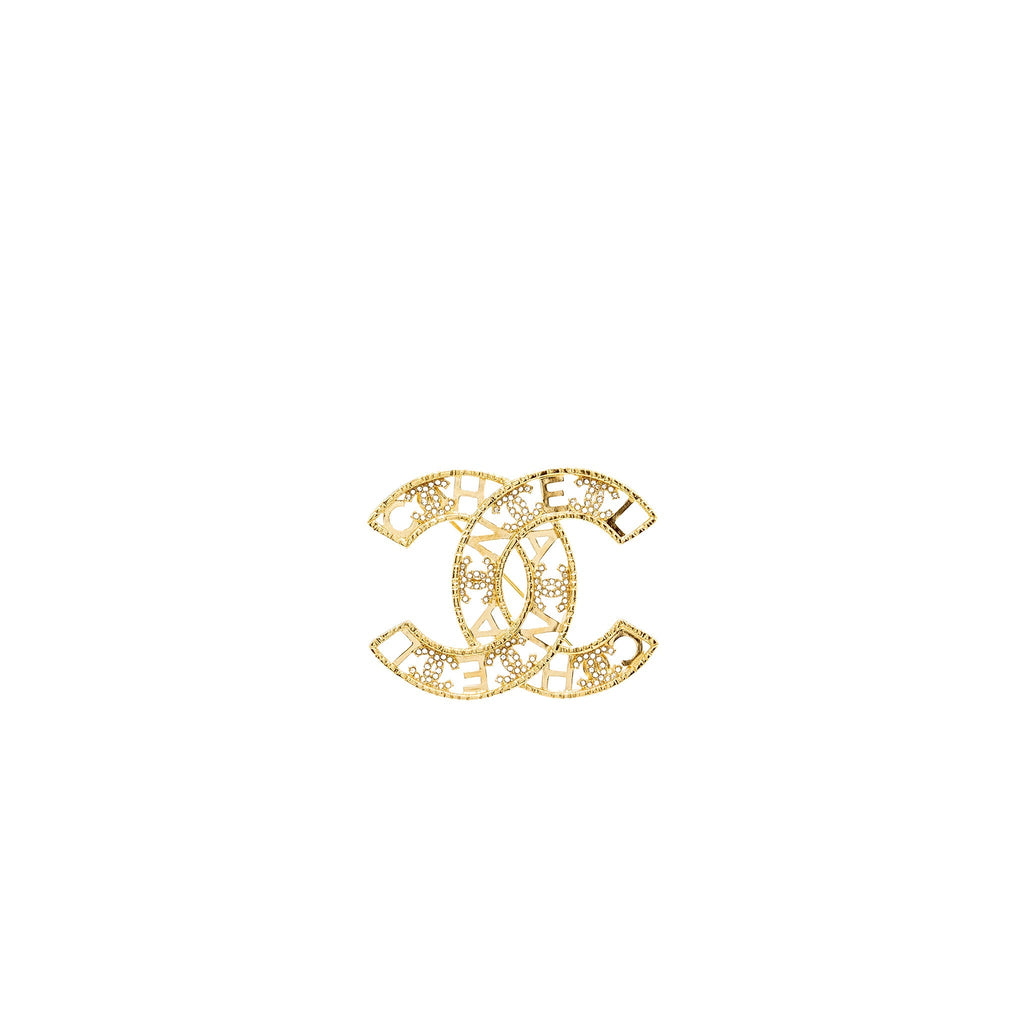CHANEL LETTER & CC LOGO CRYSTAL BROOCH GHW