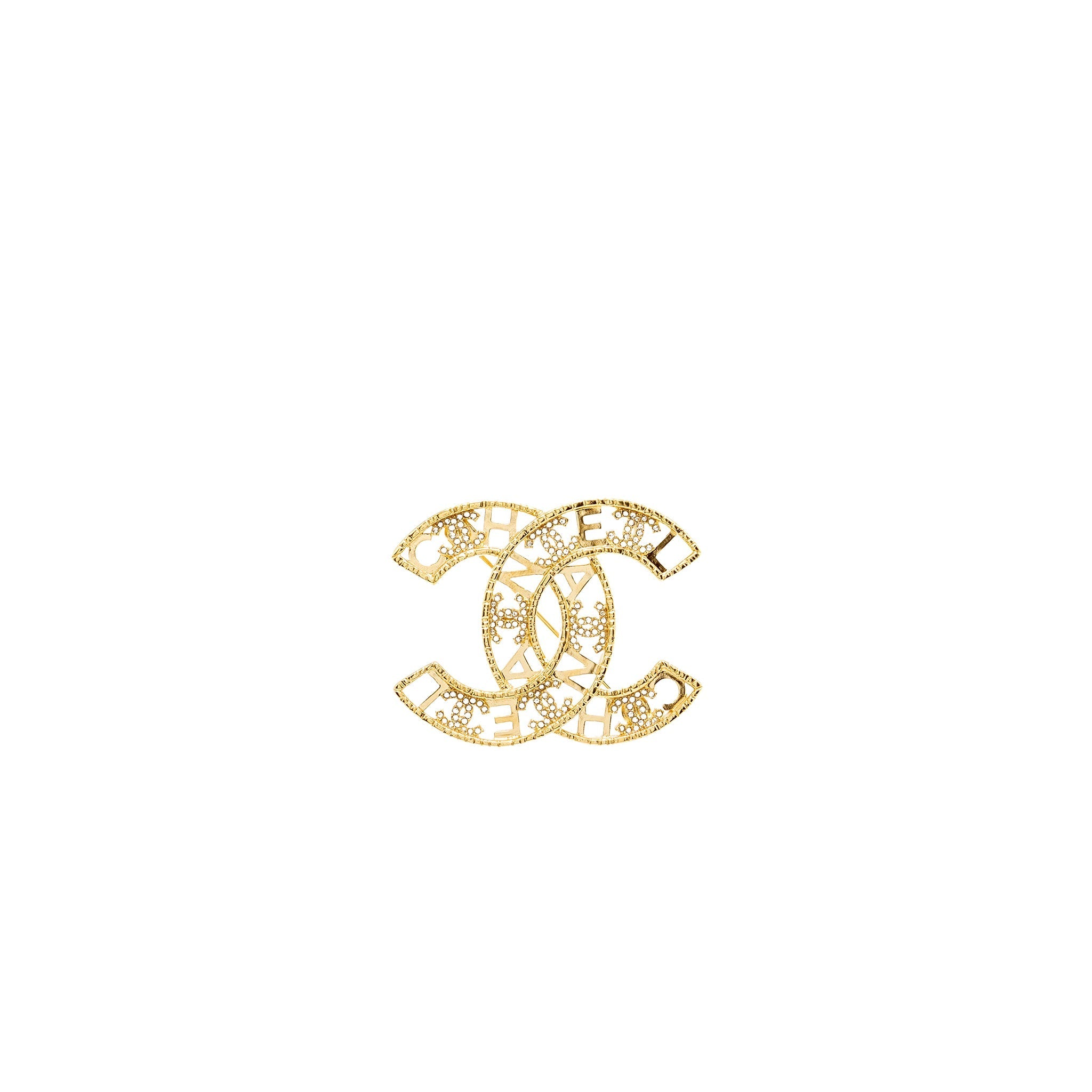 CHANEL LETTER & CC LOGO CRYSTAL BROOCH GHW