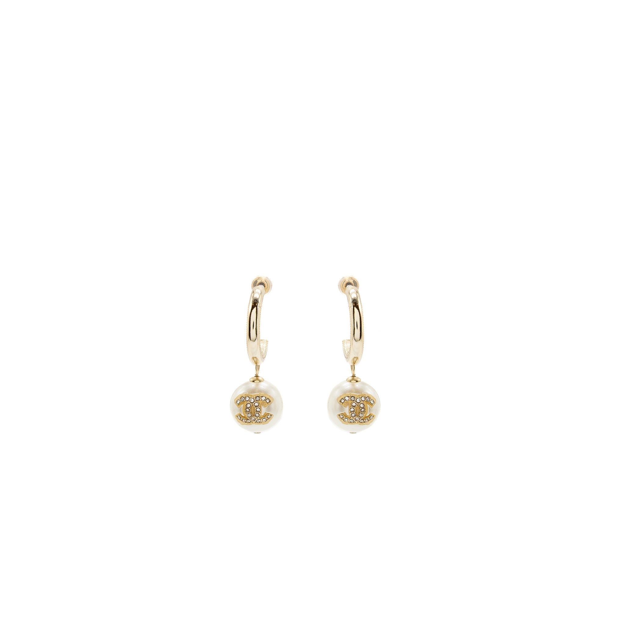 CHANEL ROUND DROPPED EARRINGS CRYSTAL/ PEARL LIGHT GOLD TONE