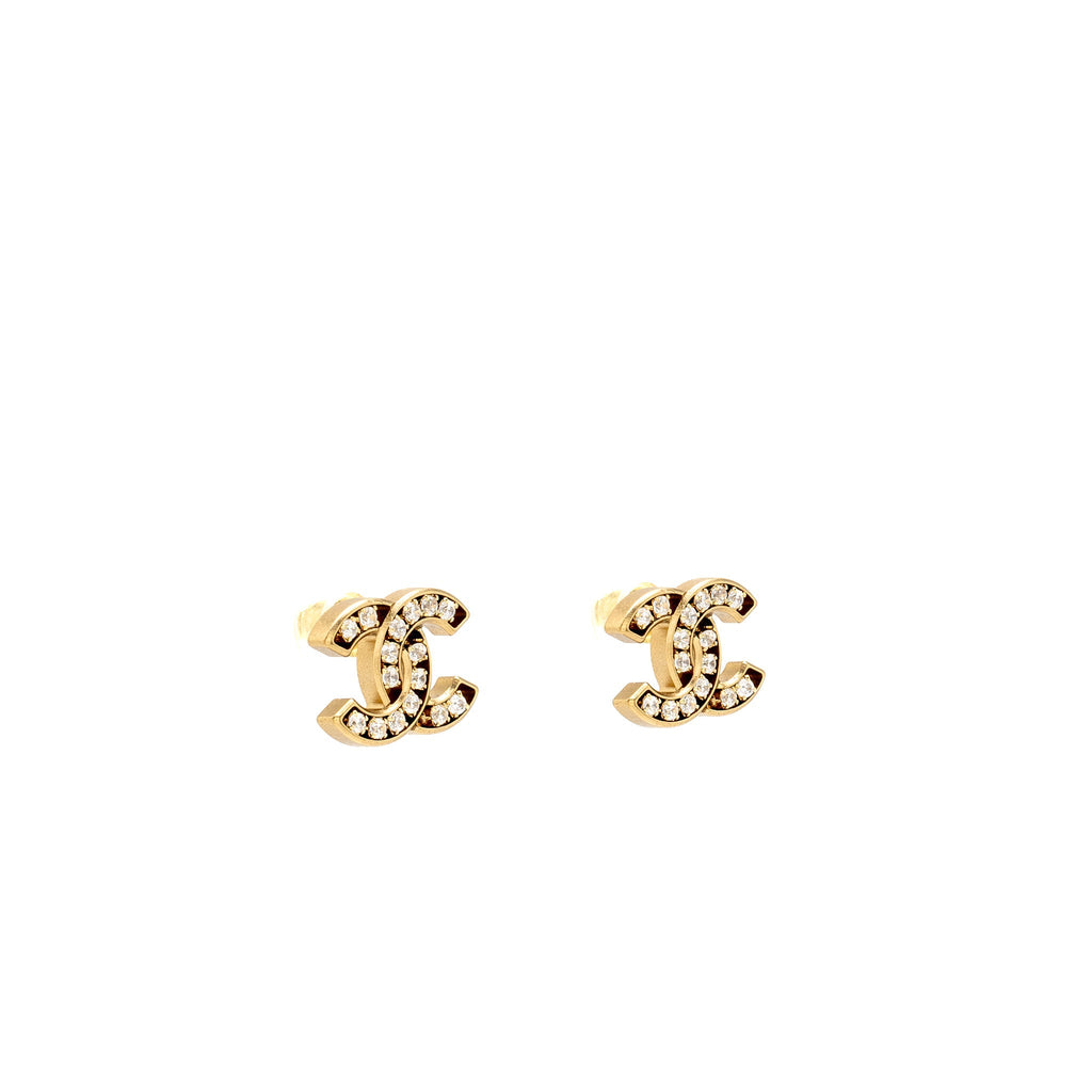 CHANEL CC LOGO EARRINGS CRYSTAL GOLD TONE