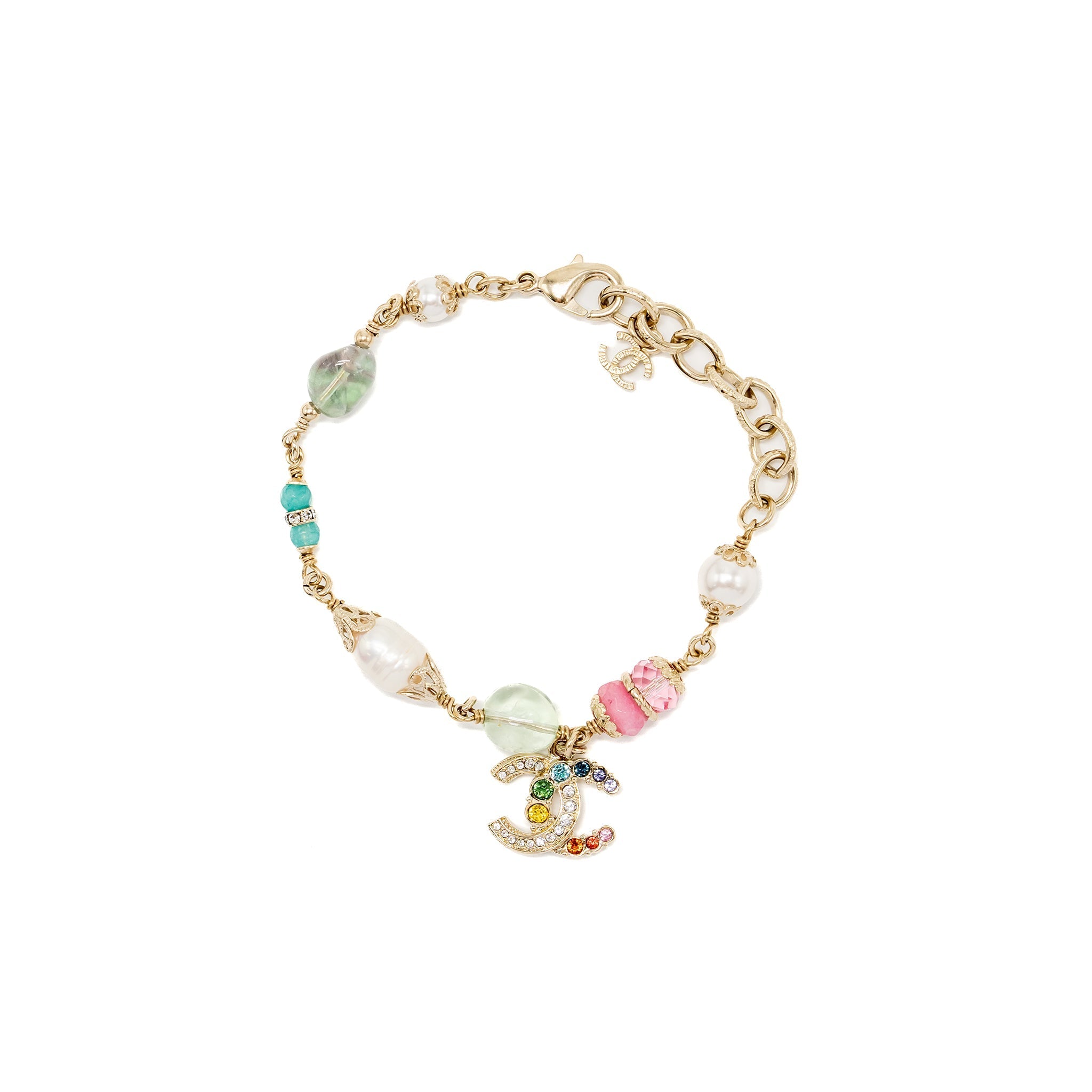 CHANEL MULTICOLOUR CC LOGO DROP BRACELET CRYSTAL/PEARL/GOLD TONE