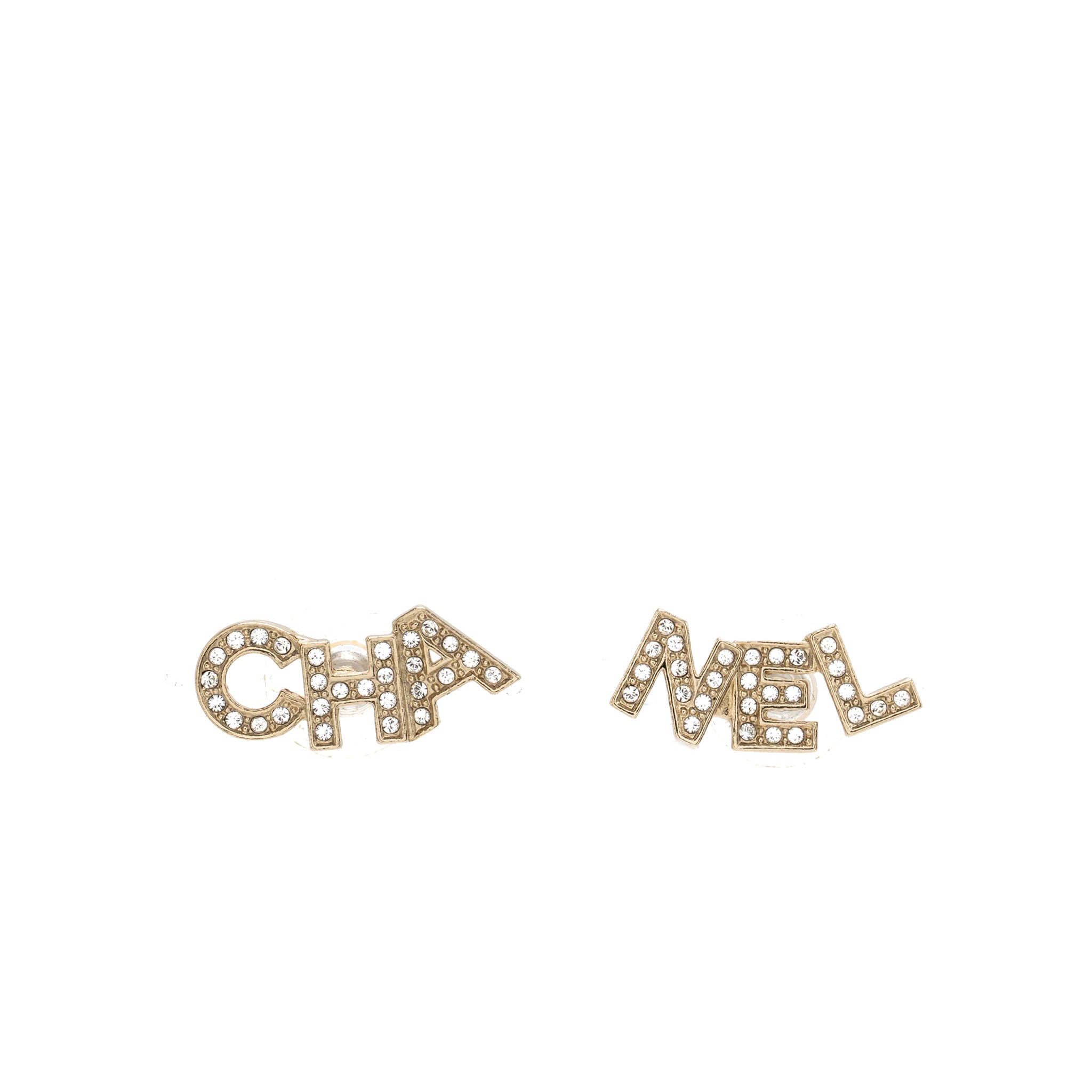 CHANEL CHA-NEL LETTER LOGO EARRINGS CRYSTALS LIGHT GOLD TONE