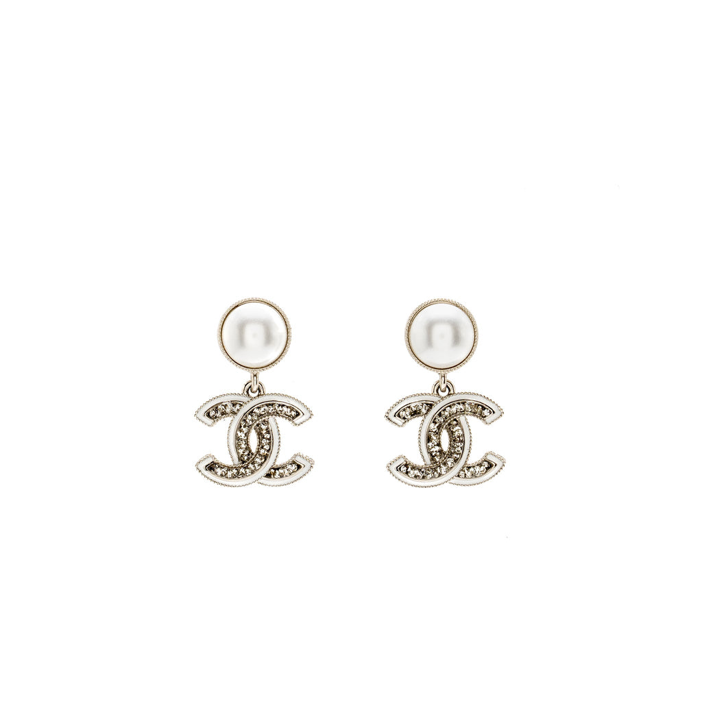 CHANEL CC DROP EARRINGS PEARL/CRYSTAL SILVER TONE