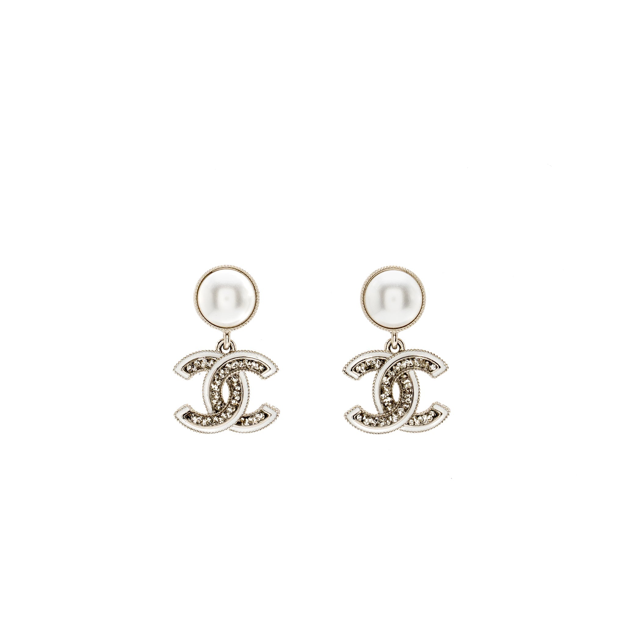 CHANEL CC DROP EARRINGS PEARL/CRYSTAL SILVER TONE