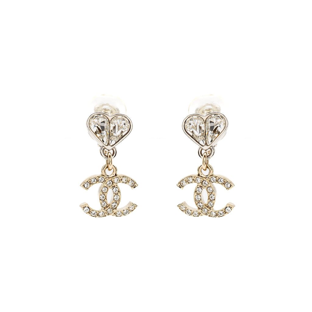 CHANEL CRYSTAL HEART CC LOGO DROPPED EAR CLIPS SILVER TONE