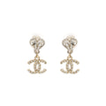CHANEL CRYSTAL HEART CC LOGO DROPPED EAR CLIPS SILVER TONE