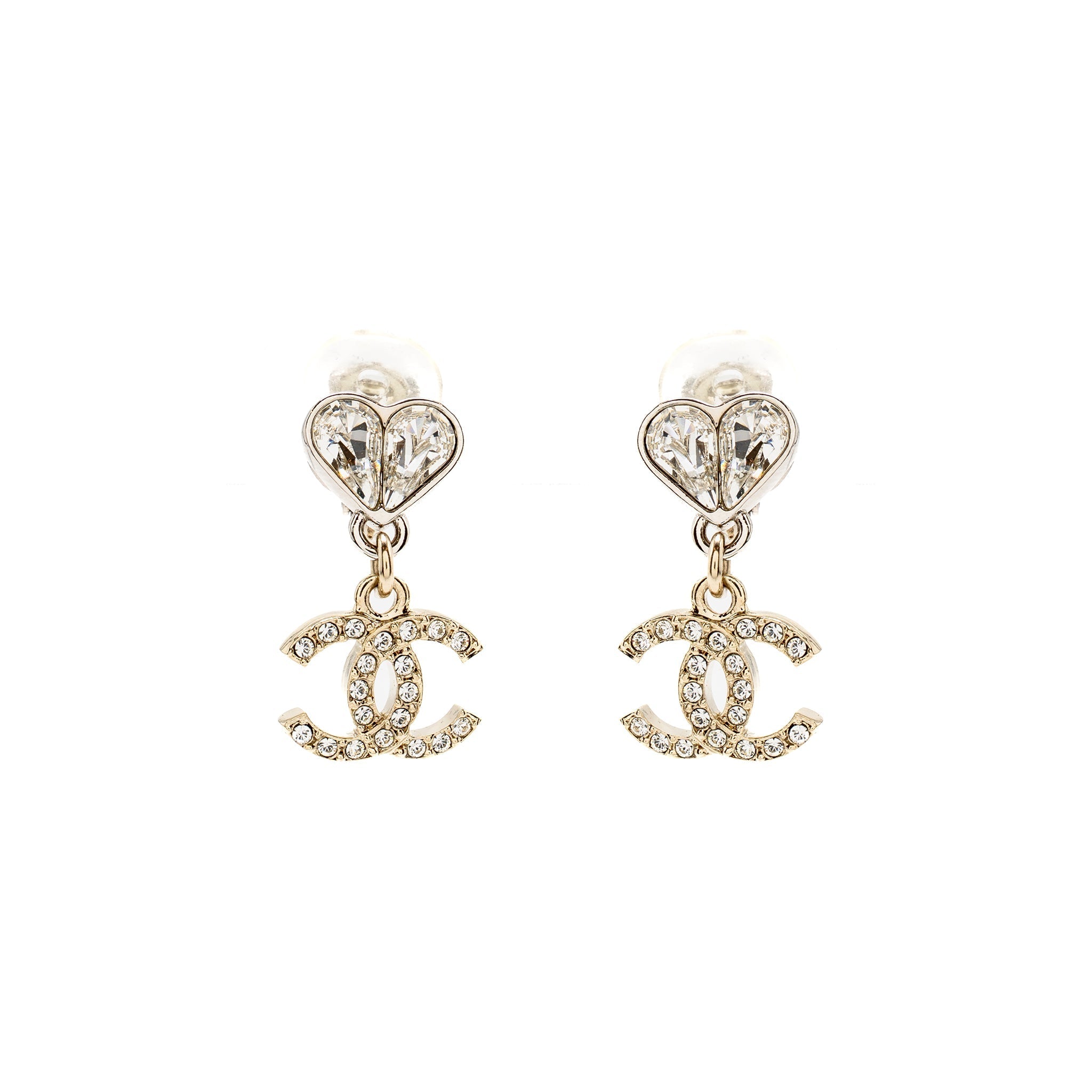 CHANEL CRYSTAL HEART CC LOGO DROPPED EAR CLIPS SILVER TONE