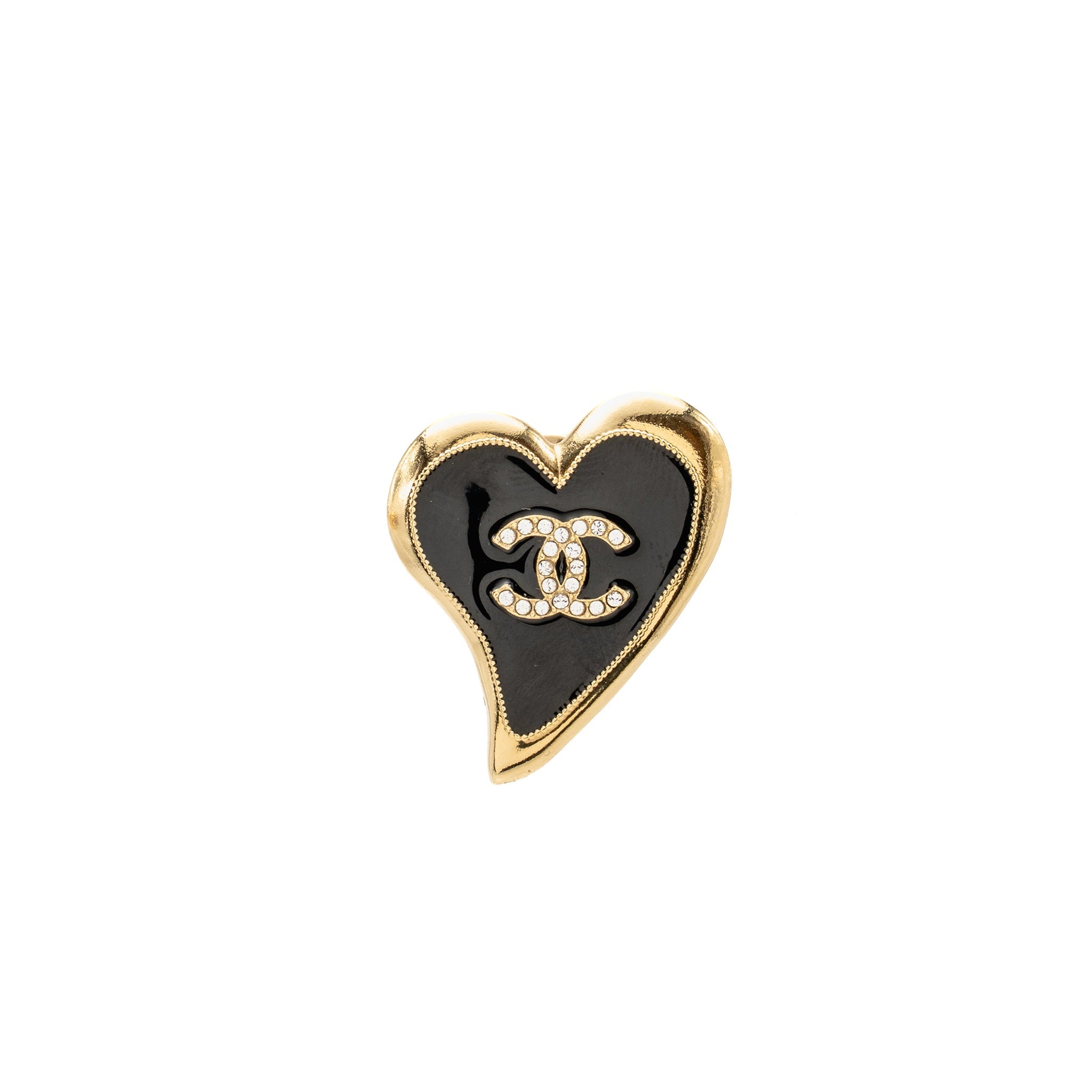 CHANEL HEART CC BROOCH CRYSTAL BLACK GOLD TONE