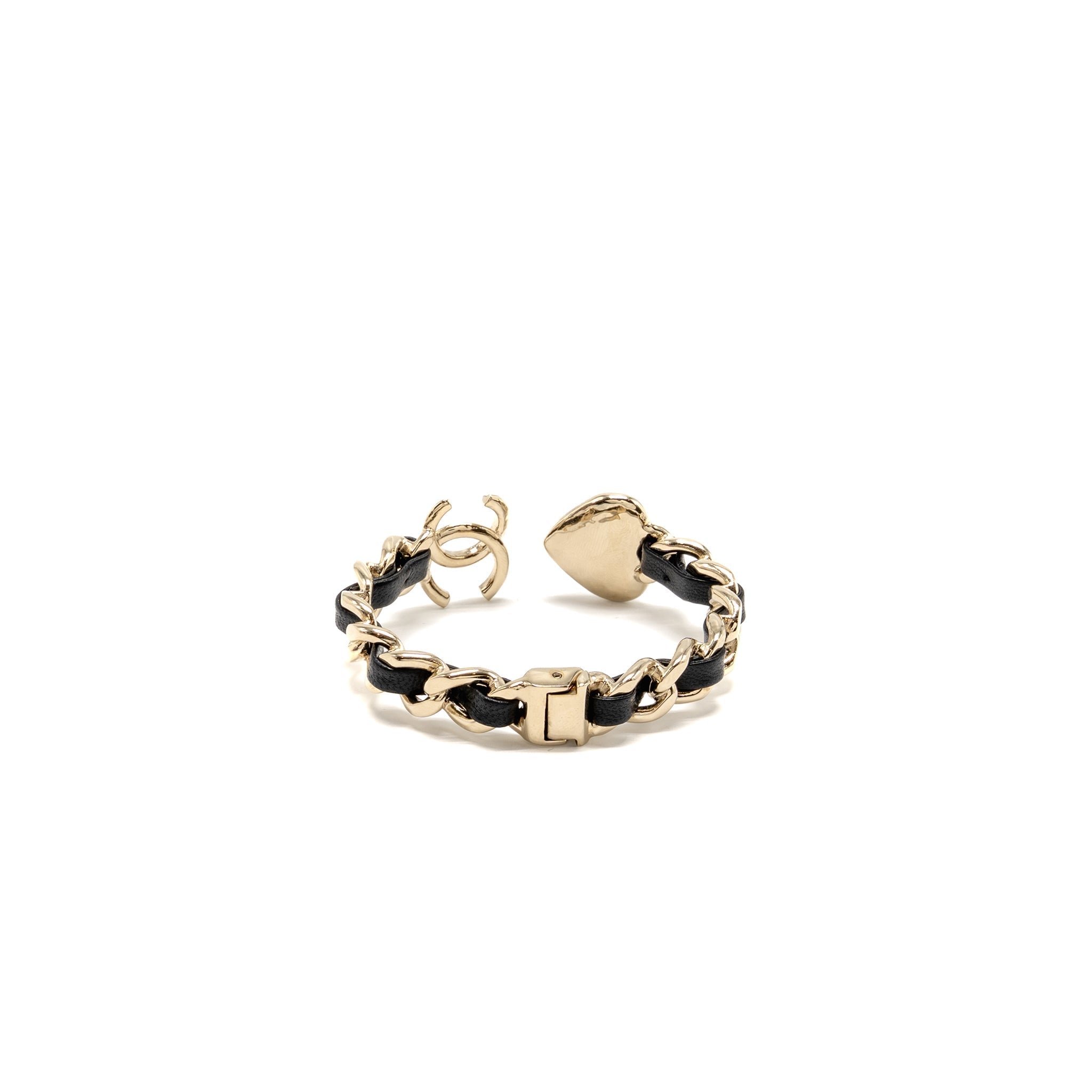 CHANEL CC HEART CUFF BRACELET PEARL/LEATHER LIGHT GOLD TONE