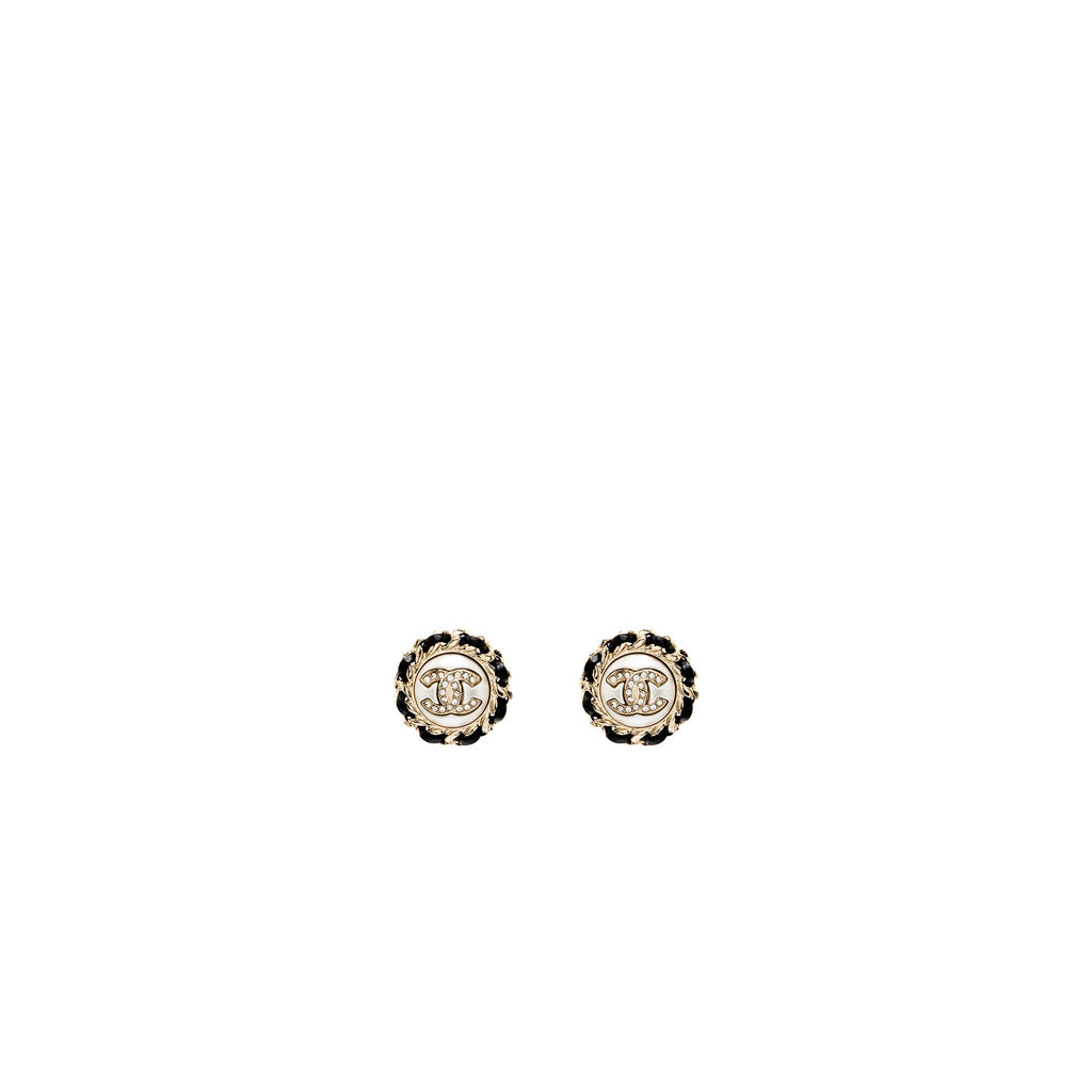 CHANEL ROUND CC LOGO EARRINGS CRYSTAL/ LEATHER LGHW