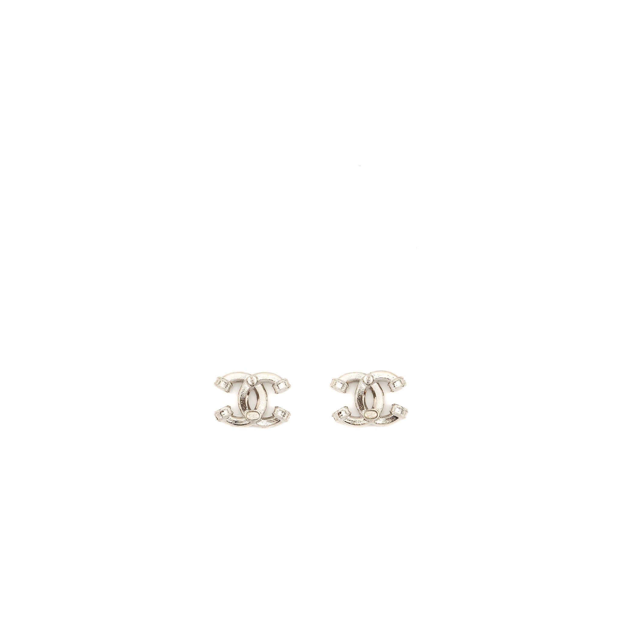 CHANEL KNOT CC LOGO EARRINGS CRYSTAL SILVER TONE