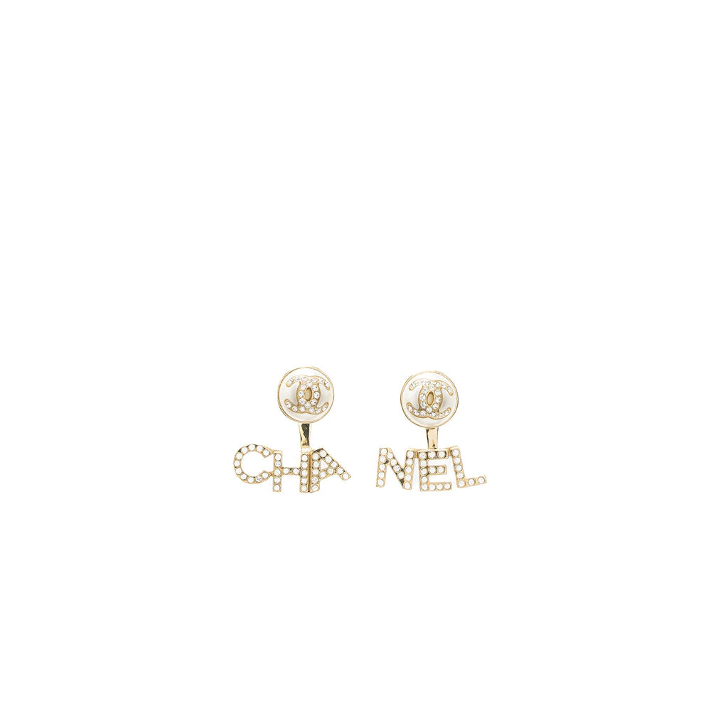 CHANEL LETTER/CC LOGO EARRINGS CRYSTAL/PEARL LIGHT GOLD TONE