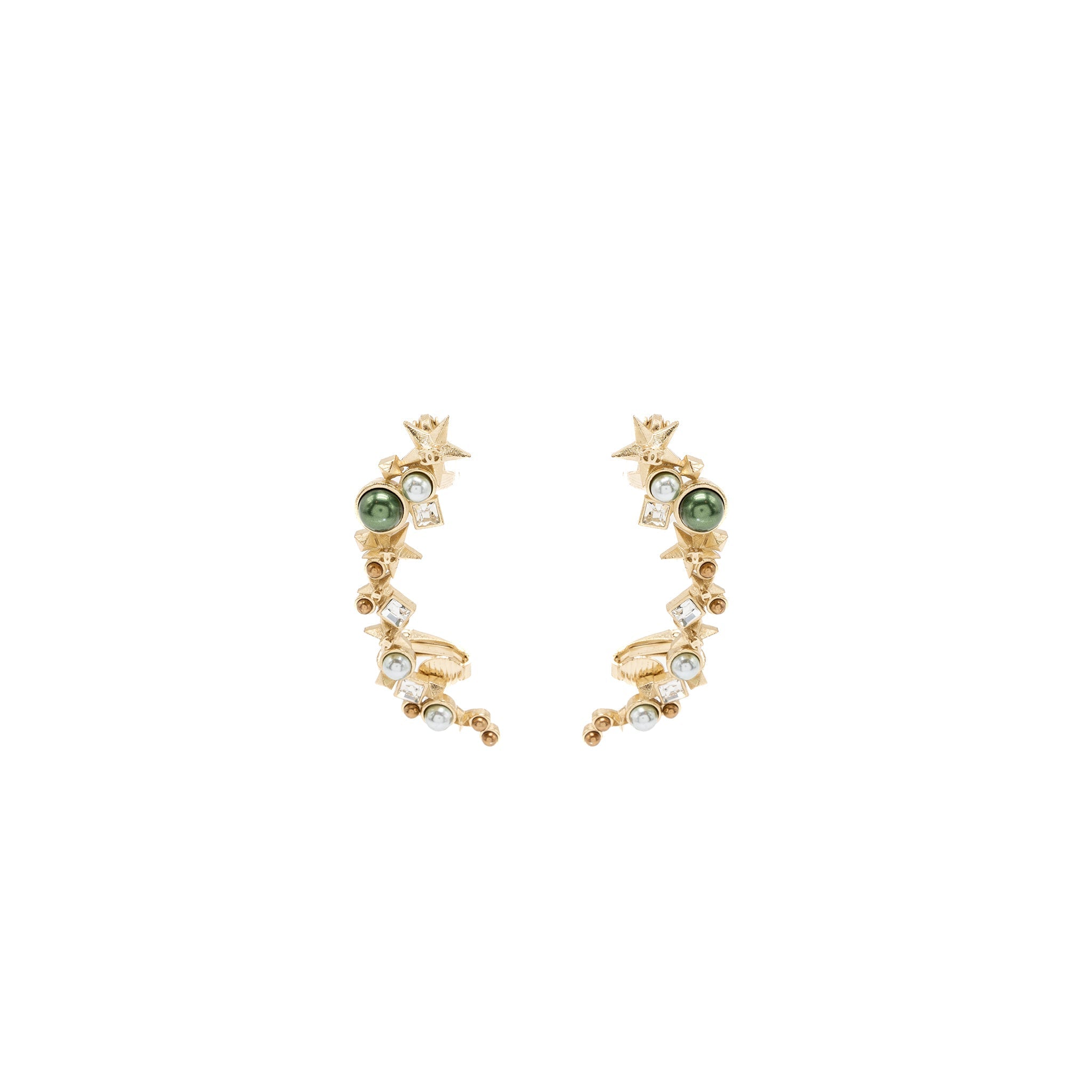 CHANEL STAR CC LOGO EAR CLIPS CRYSTAL/PEARL/GOLD TONE